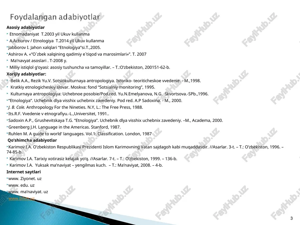 sosan oilaviy-madaniy vazifalar bilan chegaralangan. ammo qaysi davr bo‘lmasin, ayollar milliy urf-odatlarni asrash, marosimlarni o‘tkazish, hunarmandchilikni rivojlantirish, milliy liboslar an’anasini saqlash, oilaviy qadriyatlarni mustahkamlashda bosh yetakchi kuch bo‘lib kelgan. shuningdek, ayollar xalqning madaniy xotirasini tiklashda, milliy bayram va marosimlarni avaylab saqlashda, qo‘shiqchilik, baxshichilik, kashtachilik, tandir madaniyati, milliy taomlar tayyorlash kabi ko‘plab etnik urf-odatlarni avlodlarga yetkazishda beqiyos rol o‘ynaydi. ayollarning ijtimoiy mavqei va etnomadaniy hayotdagi o‘rni ko‘plab xalq rivoyatlari, ertaklari, maqollarida aks etgan bo‘lib, ularning obrazlari ko‘pincha oqila, fozila, matonatli, sadoqatli va mehribon sifatida talqin qilinadi. zamonaviy davrda ham ayollarning etnomadaniy jarayonlardagi ishtiroki yangicha mazmun va shakl kasb qilmoqda. ayollar nafaqat an’anaviy madaniyatni saqlab qolayotgan, balki uni rivojlantirayotgan, zamonaviy madaniy muhit bilan uyg‘unlashtirayotgan subyektga aylanib bormoqda. bugungi ayol milliy qadriyatlarni global madaniyat bilan uyg‘unlashtiruvchi, yangi madaniy loyihalarni yaratishda faol ishtirok etuvchi ijodkor shaxs sifatida namoyon bo‘lmoqda. madaniyat - arabcha madina (shahar, kent) so‘zidan kelib chiqqan deyiladi. (vatan tuyg‘usi. toshkent, o‘zbekiston 1996- …
