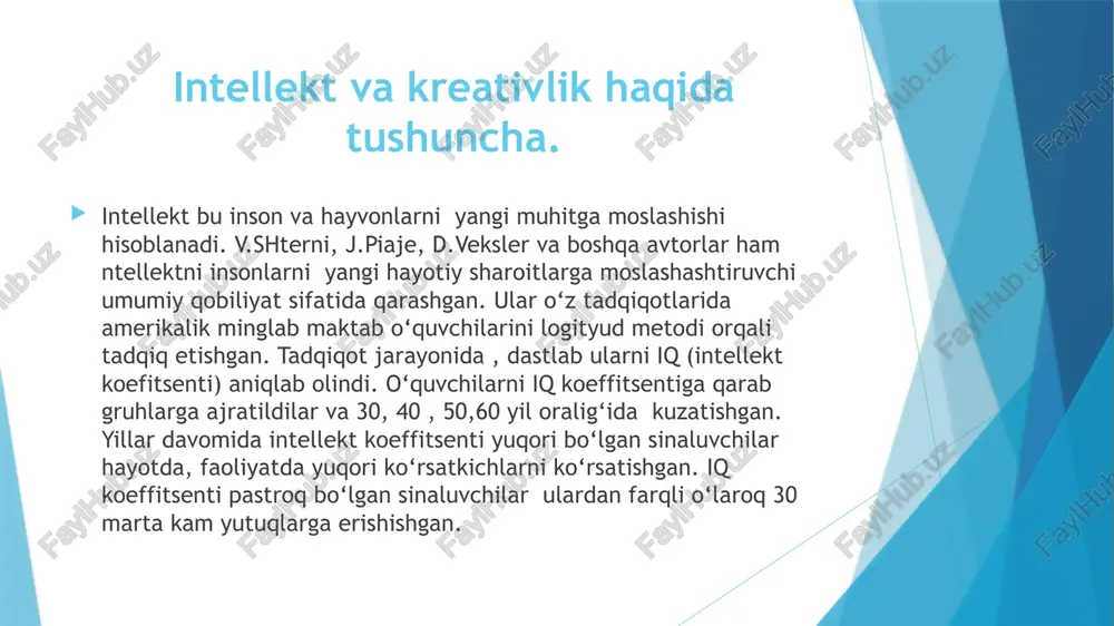 b bilgan binedan so‘ng stanford universitetining professori lyuis terman bine va simonning intellekt testlari stanford universitettining talabalariga mos kelmayotganini aniqlab, unga ma’lum o‘zgartirish kiritdi. endilikda unga stenford- bine testi deb nomladi. keyinchalik nemis olimi vilyam shtern aqliy qobiliyat koeffitsenti hisoblangan o‘sha mashhur iq atamasini fanga kiritdi. aqliy yosh iq ------------------------------------------------ x100 xronologik yosh demak, dastlab angliyalik olim f.galton individual- aqliy qobiliyatlarni tadqiq etgan. lekin unda buni qanday qilib o‘lchash kerakligini aniqlay olmagan bo‘lsa ham. a.bine esa uning g‘oyasini rivojlantirib, fransuz ta’lim tizimida o‘quvchilarning kelajakda o‘zlanshtirira olishini aytib bera olgan. xuddi galton dek l.terman aqliy qobiliyatlar irsiyatning mevasi deb bilgan. ctenford- bine testi bu ko‘rinmayotgan qobiliyatni uyg‘otishga yordam beradi deb aytib o‘tgan. xant “inson qobiliyatlarini shakllantirishga o‘rgatish” nomli dasturni yaratdi. dastur davomida xant tarbiyalovchilarni bolalar bilan tovushli o‘yinlar orqali ishlashga o‘rgatdi. tadqiqotda 11 ta bola saralab olingan edi. ular 1 yosh 11 oylik davriga kelib 50 tagacha so‘zni talaffuz qila boshlashgani …