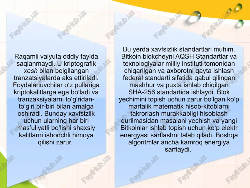 ga uchraydi. u monopollashtirilgan bo‘lib, shu sababli status-kvoni qo‘llab- quvvatlashga intiladi va innovatsiyalarga to‘sqinlik qiladi. blokcheyn novatorlar va tadbirkorlarga ushbu kuchli platformada qiymat yaratishning yangi usullarini topgan holda shu va boshqa ko‘plab muammolarni hal qilishga imkon beradi. ochiq boshlang‘ich kod. moliyaviy xizmatlar tarmog‘i bu – eskirib qolgan tizimlar ulkan texnologik to‘plami bo‘lib, istalgan payt qulashi mumkin. uni texnologik jihatdan takomillashtirish qiyin, chunki har bir innovatsiya uchun qaytuvchan birga bo‘la olishlik talab qilinadi. blokcheyn esa, ochiq boshlang‘ich kodli tizim bo‘lgani holda, doimiy ravishda o‘zgarishi, rivojlanishi va tarmoq murosasi asosida takomillashishi mumkin. bu afzalliklar – attestatsiya, ancha past qiymat, bir lahzali tezlik, risklarning pasayishi, katta innovatsiya, moslashuv qobiliyati – istiqbolda nafaqat to‘lovlarni, balki qimmatli qog‘ozlar bilan operatsiyalarni, investitsion bank xizmatlari ko‘rsatishni, buxgalteriya hisobi va auditni, venchurli investitsiyalarni, sug‘urtalashni, tadbirkorlik risklarini boshqarishni, xususiy shaxslarga bank xizmatlari ko‘rsatish va tarmoqning boshqa asoslarini o‘zgartirishi mumkin. shaxsiy ma’lumotlar himoya qilinganligi. odamlar o‘z ma’lumotlarini nazorat qilishi kerak. …