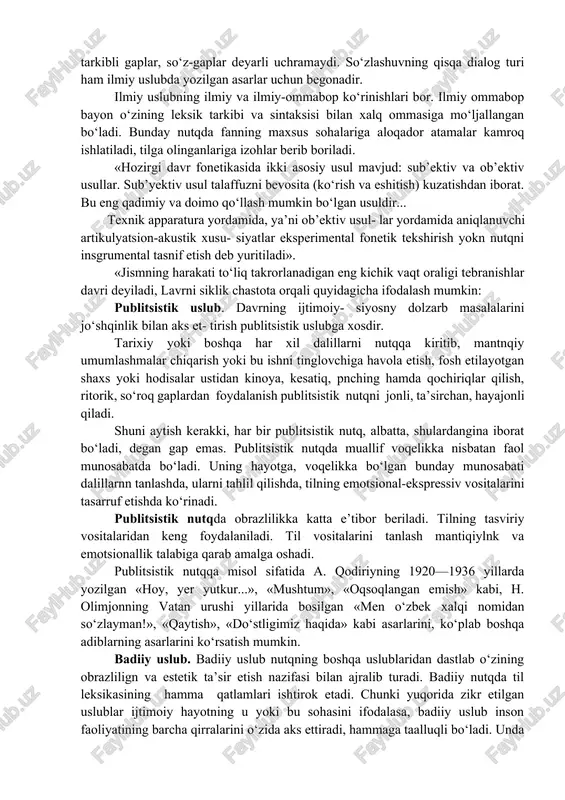 g qatnashishlari shart». o‘zbekistpon respublikasi prezidentining farmoni ro‘za hayitnni dam olish kuni deb e’lon qilish to‘g‘risida mustaqil o‘zbekiston respublikasi musulmonlarining istak va xohishlarini inobatga olib hamda fuqarolar o‘rtasida mehr oqibatni barqarorlashtirish maq- sadida diniy bayram —ro‘za hayit («iyd al-fitr») ni bu yil 4 aprel kuni va keyingi yillarda esa ro‘za hayitining birinchi kuni dam olish kuni deb tayinlansin. o‘zbekiston respublikasi prezidenti sh. mirziyoyev toshkent shahri, 2022- yil 27- mart. ilmiy uslub. ilmiy uslub fanning turli sohalariga aloqador so‘z va atamalarni ko‘proq tasarruf qilish, bayonning ko‘proq mantiqiy dalillarga suyanishi bilan boshqa uslublardan ajralib turadi. ilmiy uslubda tabiat va jamiyat hodisalari aniq, qandaydir qoidalar, formulalar asosida ifodalanadi. ilmiy bayonda fikr mantiqiy va ashyoviy dalillar bilan mustahkamlanib boradi. ilmiy uslubda to‘liqsiz gaplar, bir tarkibli gaplar, so‘z-gaplar deyarli uchramaydi. so‘zlashuvning qisqa dialog turi ham ilmiy uslubda yozilgan asarlar uchun begonadir. ilmiy uslubning ilmiy va ilmiy-ommabop ko‘rinishlari bor. ilmiy ommabop bayon o‘zining leksik tarkibi va …