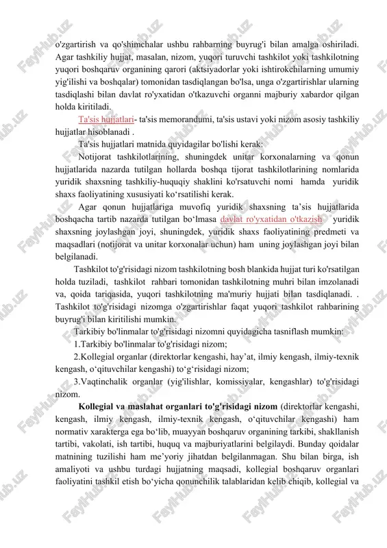 va tarkibiy bo'linmalarning rahbarlari jalb qilinadi.. tashkiliy hujjatlar tashkilot tomonidan tasdiqlash va amaldagi qonunchilikka muvofiqligini tekshirish uchun belgilangan tartibda amalga oshiriladi. tashkiliy hujjatlar bekor qilinmaguncha yoki yangisi bilan almashtirilgunga qadar amal qiladi. tashkiliy hujjatlarning o'ziga xos xususiyati shundaki, ular butun hujjatni qayta ishlashga hojat bo'lmaganda o'zgartirish va qo'shimchalar kiritilishi mumkin. amaldagi qonunchilikka ko‘ra o'zgartirish va qo'shimchalarning kiritilishi ham tashkilot faoliyati shartlarining o'zgarishi, hamda rivojlanishlar bilan bog'liq tartibda izga solinadi. tashkilot qayta tashkil etilgan taqdirda, yangi tashkiliy hujjatlar ishlab chiqiladi, ular belgilangan tartibda muvofiqlashtiriladi va tasdiqlanadi. o'zgartirish va qo'shimchalar kiritish va ularni qayta ko'rib chiqish tartibi tashkiliy hujjat turi bilan belgilanadi. masalan, tashkilot rahbari tomonidan tasdiqlanadigan tashkiliy hujjatga - tarkibiy bo'linma to'g'risidagi nizomga o'zgartirish va qo'shimchalar ushbu rahbarning buyrug'i bilan amalga oshiriladi. agar tashkiliy hujjat, masalan, nizom, yuqori turuvchi tashkilot yoki tashkilotning yuqori boshqaruv organining qarori (aktsiyadorlar yoki ishtirokchilarning umumiy yig'ilishi va boshqalar) tomonidan tasdiqlangan bo'lsa, unga o'zgartirishlar ularning tasdiqlashi bilan …