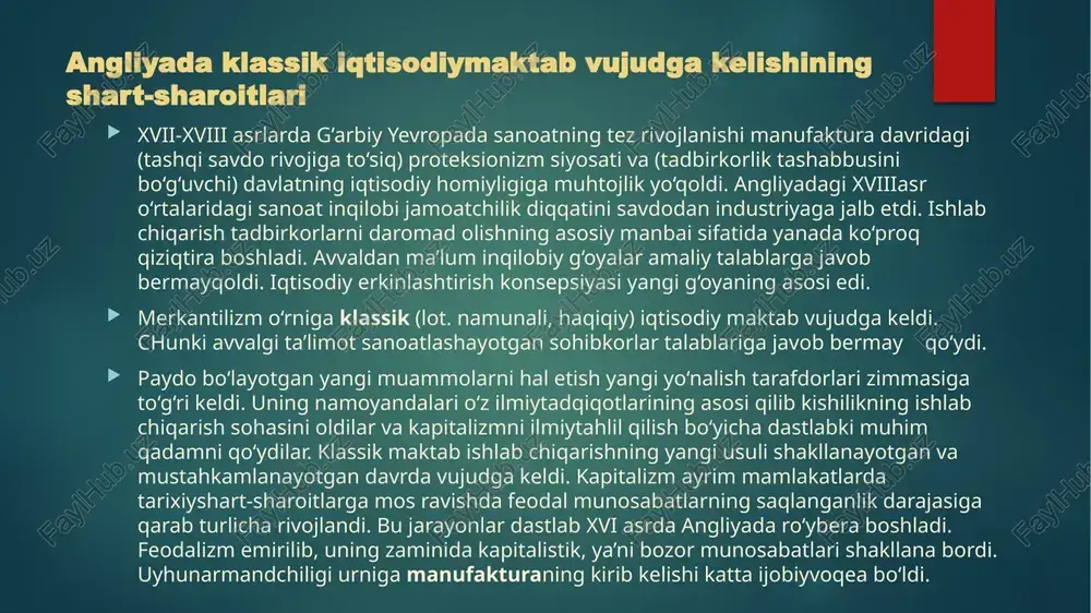 rida va 2-yarmida fransiyalik f.kene va a.tyurgolar tomonidan ilgari surilgan fiziokratizm bilan yakunlanadi. sof mahsulot (milliydaromad) manbaini qidirish orqali asosiye’tiborni mehnat bilan erga qaratdilar. merkantilizm tanqid qilinib, tahlilda ishlab chiqarish asossiz ravishda muomala sohasidan to‘la ajratib qo‘yilgan. 2-bosqich xviii asr oxiri va xix asr boshiga to‘g‘ri kelib, a.smit asarlaridagi iqtisodiyg‘oyalarda aks etgan. 3-bosqich xix asrning 1-yarmiga to‘g‘ri kelib fransiyalik j.b.seyva f.bastiya, inglizlar d.rikardo, t.maltus va n.senior, amerikalik g.keri va boshqalar asarlaridagi g‘oyalar bilan bog‘liq. 4-yakunlovchi bosqich xix asrning 2-yarmiga to‘g‘ri keladi va j.s.mill g‘oyalarida o‘z nihoyasiga etadi. k.marks ham shu bosqich vakili sifatida qaraladi lekin bizning fikrimizcha, bu unchalik to‘g‘ri emas. bu bosqichlarning hususiyatlari tegishli mavzularda yoritiladi v.petti - angliya klassik iqtisodiymaktabining asoschisi umumiybahoga ko‘ra, klassik maktab xvii asr oxiri - xviii asr boshlarida v.petti (angliya) va p.buagilber (fransiya) asarlarida yaratildi. vilyam petti (1623-1687) romsi shahrida tug‘ilgan, angliya klassik iqtisodiymaktabining asoschisidir. ko‘pchilik bu olimning iqtisodiyot fani sohasidagi faoliyatiga yuksak baho …
