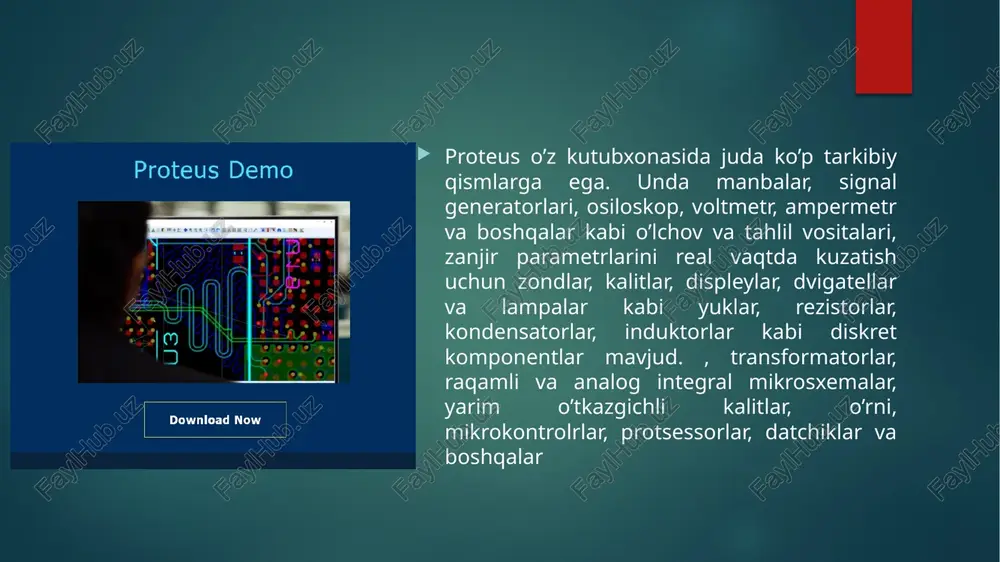 sadini ko'rib chiqaylik. tanlash rejimi . tugma bosilganda foydalanuvchi qurilma diagrammasini tahrirlashi, ya’ni alohida komponentlar yoki struktura bloklarini tanlashi, ularni vaqtinchalik xotiraga nusxalashi, o‘chirishi, masshtablashi va h.k. sichqonchaning chap tugmachasini bosib ushlab turgan holda diagrammani oldindan ko‘rish oynasida (tugmaning o‘ng tomonida) shpalni siljitish orqali joylashtirish mumkin. ikkinchi marta bosish diagrammaning tahrirlash oynasidagi o'rnini aniqlaydi. shuningdek, yuqori asboblar panelidagi masshtablash tugmalaridan foydalanib, diagrammaning istalgan qismini qulay masshtabga moslashtirishingiz mumkin. komponentlar . tugmani bosganingizda, qo'shni oynada ochiq loyihada ishlatiladigan komponentlar ro'yxati paydo bo'ladi (agar loyiha hali yaratilmagan bo'lsa, ro'yxat bo'sh). ro'yxatdagi istalgan komponentni sichqonchaning chap tugmasi bilan bosish orqali uni ikkinchi marta bosish orqali tahrirlash oynasining istalgan joyiga joylashtirishingiz mumkin. sichqonchaning o'ng tugmachasini ikki marta bosish komponentni tahrirlash oynasidan olib tashlaydi. oldindan ko'rish oynasi ostida joylashgan "p" tugmasi muhim ahamiyatga ega. ushbu tugmani bosish proteus tizim komponentlari kutubxonasiga kirish uchun foydalaniladigan pick device komponentlarini qidirish oynasini ochadi (p.2-rasm). ushbu oynada barcha komponentlar …