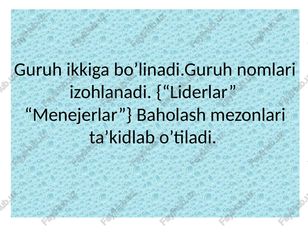 n, boshqarishning sir-asrorlarini biladigan, boshqaruv qonun-qoidalarini puxta egallagan va ularga amal qiladigan malakali mutaxassisdir. rahbarning ish uslubi – bu boshqaruv jarayonida ma`lum masalani hal qilishda uning o`ziga xos yondoshishidir. rahbar qaror qabul qilganda, uning bajarilishini tashkil etganda va qo`l ostida ishlovchi xodimlar ishini nazorat qilganda o`z vazifalariga muvofiq tarzda ish ko`radi. bunda har bir rahbar o`ziga xos ravishda, boshqaruv jarayonida o`ziga mos bo`lgan, o`z rahbarlik uslubini belgilaydigan usullar bilan harakat qiladi. rahbarning ish uslubi qo`l ostida ishlovchi xodimlar bilan aloqasida, ularning o`zaro munosabatida tarkib topadi rahbarlik uslubi, belgisi va bo`ysunuvchilarga nisbatan munosabatiga qarab, barcha rahbarlarni quyidagi uch turga ajratish mumkin. avtokratik rahbarlar: -buyruq chiqarish, qaror qabul qilish, xodimlarga jazo -berish yoki rag’batlantirishda jamoa fikrini hisobga olmaydi; -o`zini jamoadan uzoq tutadi, jamoa a`zolarini bevosita noo`rin harakatlarining tanqid qilinishiga chiday olmaydi; -o`ziga bo`ysunuvchilarning harakatlarini keskin ravishda tanqid qilishni yaxshi ko`radi; -muttasil buyruq berishga, hammani o`z istaklariga so`zsiz bo`ysundirishga intiladi; -ko`p gapirishni yoqtirmaydi, …
