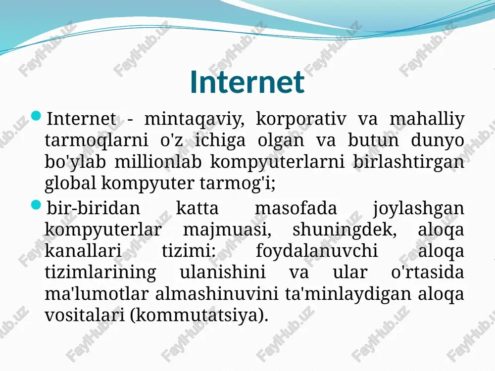 qaruvskypeprofil, kayfiyatavatar - aloqa varag'i bilan ishlash xulosa: internet xizmatlari bugungi kunda inson hayotining ajralmas qismiga aylangan. ular orqali foydalanuvchilar tezkor axborot olish, muloqot qilish, ta’lim olish, ish yuritish, savdo-sotiq va boshqa ko‘plab sohalarda faoliyat yuritish imkoniyatiga ega bo‘ladi. internet xizmatlari turlari juda keng: elektron pochta, ijtimoiy tarmoqlar, bulutli saqlash xizmatlari, onlayn bank xizmatlari, ta’lim platformalari, axborot-portallar va boshqa ko‘plab vositalar foydalanuvchilarning kundalik ehtiyojlarini qondirishda muhim rol o‘ynaydi. internet xizmatlarining asosiy afzalligi – tezlik, qulaylik va global miqyosda mavjudlikdir. shu bilan birga, ular jamiyatda kommunikatsiya va hamkorlik jarayonlarini soddalashtiradi, biznes va iqtisodiy faoliyatni samarali qiladi, shuningdek, ta’lim va ilmiy izlanishlarni yangi bosqichga olib chiqadi. shu bilan birga, internet xizmatlaridan foydalanganda xavfsizlik va shaxsiy ma’lumotlarni himoya qilish masalalariga ham e’tibor qaratish lozim. internet xizmatlari rivojlanishi bilan birga, onlayn firibgarlik, ma’lumotlarni o‘g‘irlash va noto‘g‘ri axborot tarqalishi kabi muammolar ham yuzaga keladi. shu sababli, internetdan foydalanishda mas’uliyat va ehtiyotkorlik muhim ahamiyatga ega. umuman …