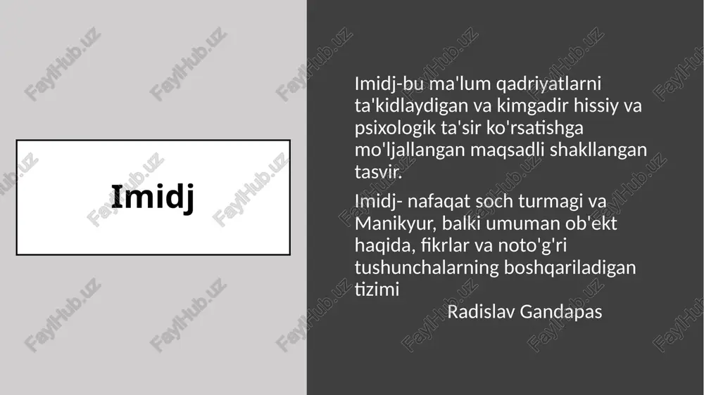lantirish, shuningdek, raqamli platformalarda o‘zini to‘g‘ri namoyon qilishni talab qiladi. mutaxassisning odob-axloqi, muloqot madaniyati, mas’uliyati va samarali ish uslublari uning brendining eng asosiy tarkibiy qismlaridir. professional imidjni ongli ravishda shakllantirish nafaqat jamoadagi obro‘, balki mijozlar va hamkorlar ishonchini mustahkamlaydi. shaxsiy brendga ega bo‘lgan mutaxassis o‘z faoliyat sohasida tanilishi, yuqori baholanishi va mehnat bozori talablariga moslashuvchanligi bilan ajralib turadi. shuning uchun shaxsiy brend ustida muntazam ishlash, uni rivojlantirish va qo‘llab-quvvatlash har bir zamonaviy mutaxassis uchun muhim va dolzarb vazifadir. foydalanilgan adabiyotlar 1. devid aaker tovar kapitalini boshqarish (1991-yil vikipediya) 2. hemphill, c. (2003). branding and psychology of colors. new york: oxford press. 3. kotler, p. (2017). marketing management. pearson education. 4. edelman trust barometer (2021). consumer behavior trends. 5. harvard business review (2020). why customers leave and how to win them back. 6. nielsen report (2019). the power of word of mouth in branding. e’tiboringiz uchun rahmat image1.png image2.png image3.png image4.png …