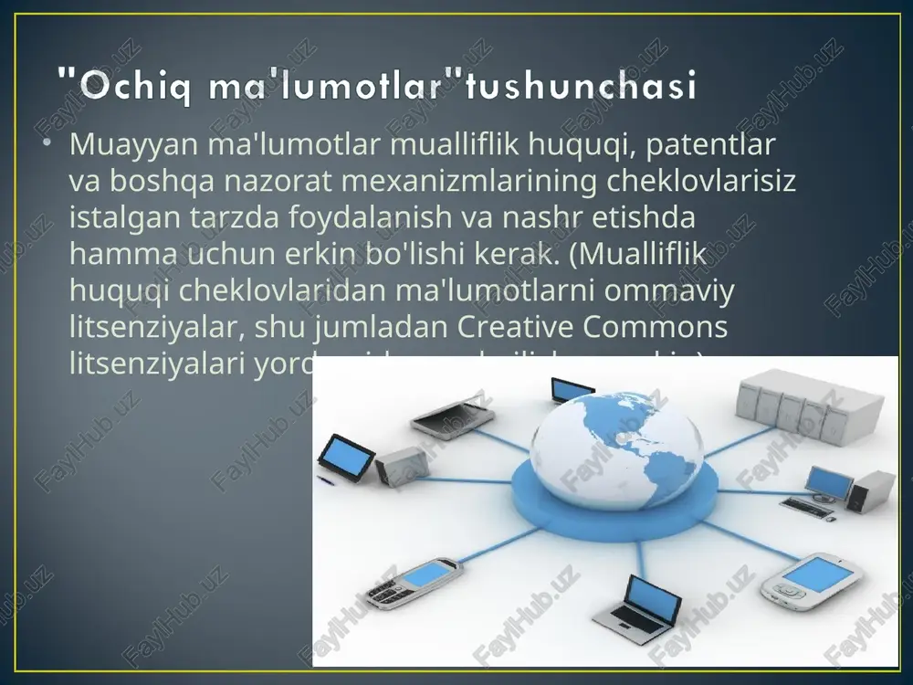 r, kompyuter ma'lumotlari); taqdim etish yoki tarqatish tartibi bo'yicha: erkin tarqatiladigan ma'lumotlar; tegishli munosabatlarda ishtirok etuvchi shaxslarning kelishuvi bilan taqdim etiladigan ma'lumotlar; federal qonunlarga muvofiq taqdim etilishi va tarqatilishi kerak bo'lgan ma'lumotlar; rossiya federatsiyasida tarqatilishi cheklangan yoki taqiqlangan ma'lumotlar; 6) tashkilotchilik darajasi bo'yicha: hujjatlashtirilgan va hujjatsiz; tizimlashtirilgan va tizimlashtirilmagan ma'lumotlar; 7) ishlab chiqaruvchi sub'ektning huquqiy maqomi bo'yicha: rasmiy va norasmiy; normativ, ilmiy (doktrinal) va ma'lumotnoma; 8) amaldagi axborot texnologiyalari turiga qarab: avtomatlashtirilgan va avtomatlashtirilmagan; 9) dinamiklik darajasi bo'yicha: statistik (saqlanadigan)va dinamik (kiruvchi, chiqarilgan ma'lumotlar) 10) tashkilotchilik darajasi bo'yicha: hujjatlashtirilgansual bo'lmagan ochiq ma’lumotlar – bu erkin foydalanish, qayta ishlash va tarqatishga imkon beradigan ma’lumotlardir. ularning boshqaruv tizimlarida qo‘llanilishi davlat faoliyatining shaffofligini oshirish, qaror qabul qilish jarayonlarini takomillashtirish va ijtimoiy-iqtisodiy rivojlanishga hissa qo‘shish imkonini beradi. jahon tajribasi shuni ko‘rsatadiki, ochiq ma’lumotlar samarali boshqaruvning muhim elementi hisoblanadi. shu bilan birga, ma’lumotlar sifati, maxfiylik va texnik jihatlar kabi muammolarni e’tiborga olish zarur. kelajakda ochiq …