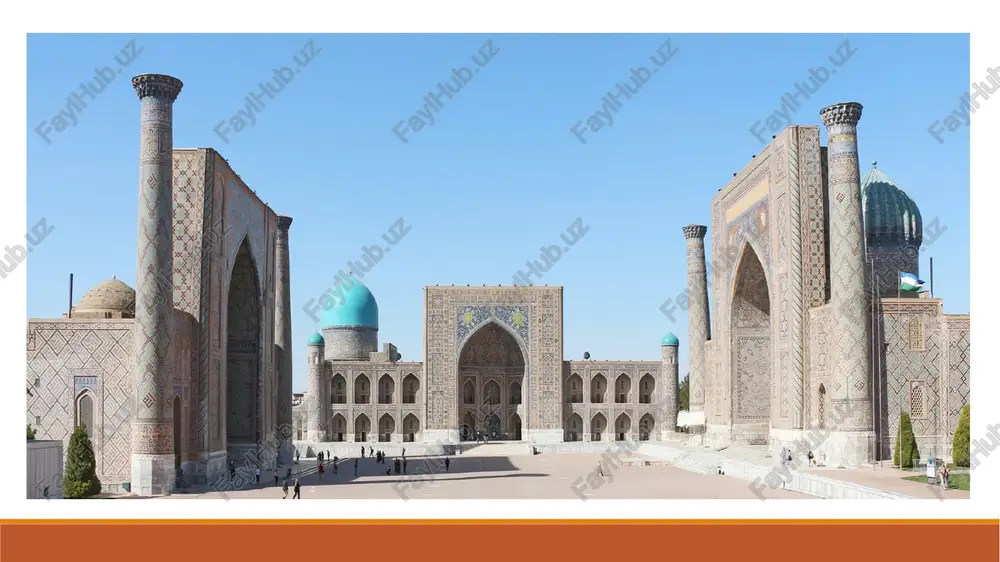 ohi qad koʻtargan, shimoliy tomonini karvonsaroy egallagan. oxirgi ikki bino ikki asrga yaqin turdi, soʻngra ularning oʻrnida xvii asr boshlarida sherdor madrasasi va tillakori mad rasasi qurilib, bugungi kungacha saqlanib qolgan[3]. https://uz.wikipedia.org/wiki/1417 https://uz.wikipedia.org/wiki/1420-yil https://uz.wikipedia.org/wiki/1420-yil https://uz.wikipedia.org/wiki/mirzo_ulug%ca%bbbek https://uz.wikipedia.org/wiki/mirzo_ulug%ca%bbbek https://uz.wikipedia.org/wiki/mirzo_ulug%ca%bbbek https://uz.wikipedia.org/wiki/mirzo_ulug%ca%bbbek https://uz.wikipedia.org/wiki/samarqand https://uz.wikipedia.org/wiki/sherdor_madrasasi https://uz.wikipedia.org/wiki/sherdor_madrasasi https://uz.wikipedia.org/wiki/sherdor_madrasasi https://uz.wikipedia.org/wiki/tillakori_madrasasi https://uz.wikipedia.org/wiki/tillakori_madrasasi https://uz.wikipedia.org/wiki/tillakori_madrasasi https://uz.wikipedia.org/wiki/tillakori_madrasasi https://uz.wikipedia.org/wiki/registon_maydoni#cite_note-3 sherdor madrasasi ulugʻbek madrasasi qarshisidagi maydonning sharqiy qismida 1424-yi lda barpo etilgan ulugʻbek xonaqohi oʻrnida qurilgan. xvii asr boshlariga kelib xonaqoh ham maydondagi boshqa binolar qatori eskirib, yaroqsiz holga kelgan. samarqanddagi oʻzbek hukmdori yalangtoʻsh bahodirning buyrugʻi bilan sherdor va tillakori madrasalari qurilishi boshlandi. sherdor madrasasi (yoʻlbarsli madrasa, „arslonlar maskani“) abdul-jabbor ismli meʼmor, bezak ustasi muhammad abbos tomonidan qurilgan[4]. https://uz.wikipedia.org/wiki/1424-yil https://uz.wikipedia.org/wiki/1424-yil https://uz.wikipedia.org/wiki/1424-yil https://uz.wikipedia.org/wiki/yalangto%ca%bbsh_bahodir https://uz.wikipedia.org/wiki/yalangto%ca%bbsh_bahodir https://uz.wikipedia.org/wiki/yalangto%ca%bbsh_bahodir https://uz.wikipedia.org/wiki/registon_maydoni#cite_note-4 tillakori madrasasi maydonning shimoliy qismida sherdor m adrasasidan oʻn yil oʻtib, karvonsaroy oʻrnida 1420-yillardan buyon qad rostlagan. binoning asosiy jabhasi,