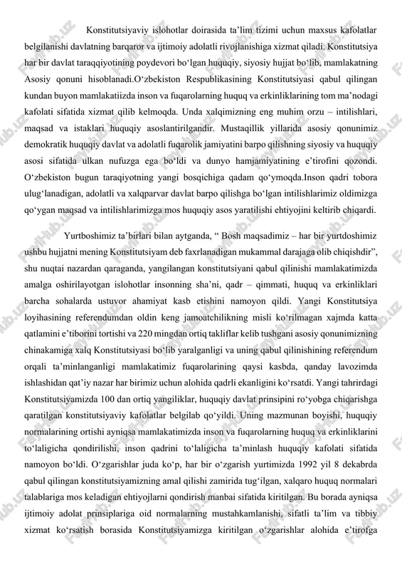rpo qilishga bo‘lgan intilishlarimiz oldimizga qo‘ygan maqsad va intilishlarimizga mos huquqiy asos yaratilishi ehtiyojini keltirib chiqardi. yurtboshimiz ta’birlari bilan aytganda, “ bosh maqsadimiz – har bir yurtdoshimiz ushbu hujjatni mening konstitutsiyam deb faxrlanadigan mukammal darajaga olib chiqishdir”, shu nuqtai nazardan qaraganda, yangilangan konstitutsiyani qabul qilinishi mamlakatimizda amalga oshirilayotgan islohotlar insonning sha’ni, qadr – qimmati, huquq va erkinliklari barcha sohalarda ustuvor ahamiyat kasb etishini namoyon qildi. yangi konstitutsiya loyihasining referendumdan oldin keng jamoatchilikning misli ko‘rilmagan xajmda katta qatlamini e’tiborini tortishi va 220 mingdan ortiq takliflar kelib tushgani asosiy qonunimizning chinakamiga xalq konstitutsiyasi bo‘lib yaralganligi va uning qabul qilinishining referendum orqali ta’minlanganligi mamlakatimiz fuqarolarining qaysi kasbda, qanday lavozimda ishlashidan qat’iy nazar har birimiz uchun alohida qadrli ekanligini ko‘rsatdi. yangi tahrirdagi konstitutsiyamizda 100 dan ortiq yangiliklar, huquqiy davlat prinsipini ro‘yobga chiqarishga qaratilgan konstitutsiyaviy kafolatlar belgilab qo‘yildi. uning mazmunan boyishi, huquqiy normalarining ortishi ayniqsa mamlakatimizda inson va fuqarolarning huquq va erkinliklarini to‘laligicha qondirilishi, inson …