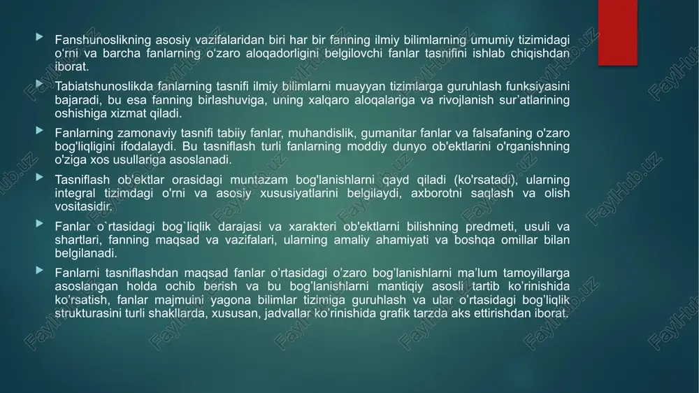 n yetakchilari o‘zgardi. fanni tasniflash o'z-o'zidan maqsad emas; u ilmiy bilan bir qatorda amaliy ahamiyatga ega. u jamiyat amaliy faoliyatining ko‘p jihatlari uchun nazariy asos bo‘lib xizmat qiladi: ilmiy muassasalarning tashkil etilishi va tuzilishi hamda ularning o‘zaro munosabatlari; ilmiy-tadqiqot loyihalarini rejalashtirish va ularning o'zaro aloqalari, ayniqsa murakkab xarakterdagi; nazariy tadqiqotlar va xalq xo‘jaligining amaliy muammolari o‘rtasidagi o‘zaro bog‘liqlik; va nihoyat, kutubxona tasnifi. fan butun tizim sifatida shartli ravishda tabiiy fanlar va ijtimoiy-falsafiy fanlarga bo'linadi. birinchisi atrofdagi dunyo qonunlari va hodisalarini o'rganadi va fizika, kimyo, biologiya va matematikani o'z ichiga oladi. ikkinchisi esa jamiyat taraqqiyoti qonuniyatlarini, jumladan, tarix, siyosatshunoslik, falsafa, iqtisodiy nazariya va boshqaruv tamoyillarini o‘rganadi. tabiiy fanlar ichida yangi ishlab chiqarish vositalarini yaratuvchi texnika fanlari alohida o'rin tutadi. texnologiya orqali fan jamiyatning bevosita ishlab chiqaruvchi kuchiga aylanadi. o'rta asrlarda ilohiyot fanlari (katoliklik) etakchi bo'lib, ularning homiyligida diniy dunyoqarash rivojlandi. uyg'onish davrida g'arbiy evropada tabiiy fan shaklida haqiqiy fan paydo bo'ldi. …