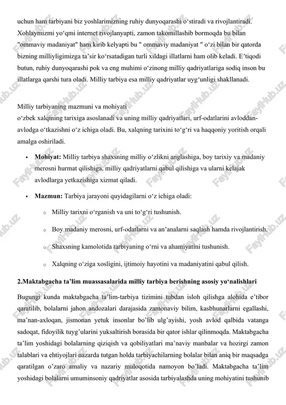 takomillashib bormoqda bu bilan "ommaviy madaniyat" ham kirib kelyapti bu " ommaviy madaniyat " oʻzi bilan bir qatorda bizning milliyligimizga taʼsir koʻrsatadigan turli xildagi illatlarni ham olib keladi. eʼtiqodi butun, ruhiy dunyoqarashi pok va eng muhimi oʻzinong milliy qadriyatlariga sodiq inson bu illatlarga qarshi tura oladi. milliy tarbiya esa milliy qadriyatlar uygʻunligi shakllanadi. milliy tarbiyaning mazmuni va mohiyati oʻzbek xalqining tarixiga asoslanadi va uning milliy qadriyatlari, urf-odatlarini avloddan-avlodga oʻtkazishni oʻz ichiga oladi. bu, xalqning tarixini toʻgʻri va haqqoniy yoritish orqali amalga oshiriladi. · mohiyat: milliy tarbiya shaxsning milliy oʻzlikni anglashiga, boy tarixiy va madaniy merosni hurmat qilishiga, milliy qadriyatlarni qabul qilishiga va ularni kelajak avlodlarga yetkazishiga xizmat qiladi. · mazmun: tarbiya jarayoni quyidagilarni oʻz ichiga oladi: · milliy tarixni oʻrganish va uni toʻgʻri tushunish. · boy madaniy merosni, urf-odatlarni va anʼanalarni saqlash hamda rivojlantirish. · shaxsning kamolotida tarbiyaning oʻrni va ahamiyatini tushunish. · xalqning oʻziga xosligini, ijtimoiy hayotini va madaniyatini …