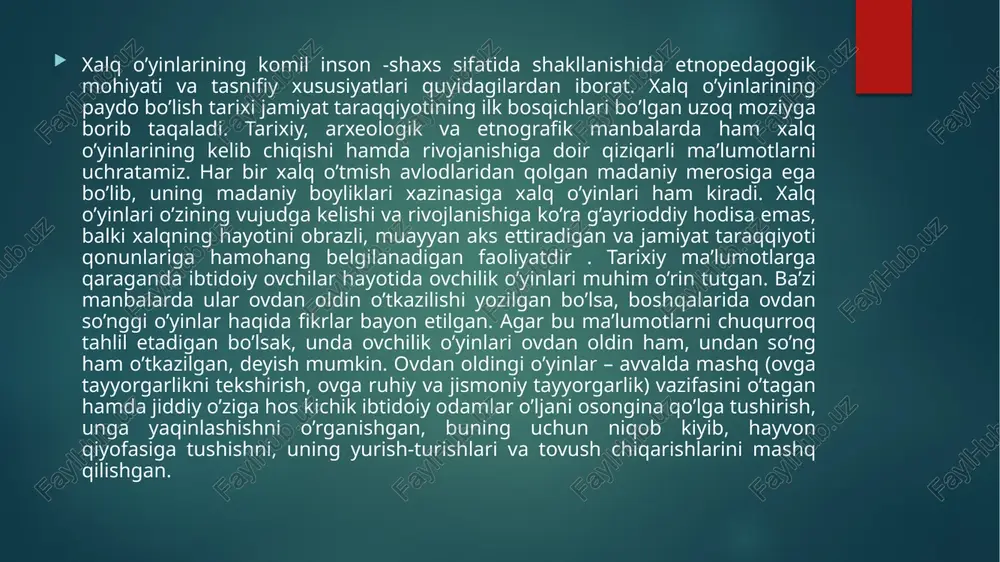 yinlarining paydo bo’lishi tarixi va rivoji to’g’risida qiziqarli ma’lumotlar berilgan. xalqimiz pedagogik qarashlarining tahlili bu borada juda boy ma’naviy - ma’rifiy meros mavjudligini ko‘rsatadi. demak, bo‘lg‘usi pedagogik kadrlami xalqimizning ta’limtarbiya nazariyasi va amaliyoti bo‘yicha to‘plagan boy ma’naviy-ma’rifiy meros va pedagogik qarashlari bilan tanishtirish ularning kasbiy-pedagogik tayyorgarligini orttirishga zamin tayyorlaydi[2]. xalq pedagogikasining asosiy tadqiqot ob’ekti xalqimizning axloqiy, ta’lim-tarbiyaviy qarashlari bo'yicha to‘plangan boy ma’naviyma’rifiy meros va pedagogik g‘oyalari bilan tanishtirish jarayoni sanaladi. mazkur jarayonda quyidagilar o‘rganiladi: - xalqimizning ma’naviy-ma’rifiy va milliy qadriyatlari; -oilada farzand tarbiyasi, tarbiya metodlari, usul va vositalari; -o‘zbek xalqining axloqiy me’yorlari, muomala madaniyati; - xalq pedagogikasida tabiat va inson munosabatlari, sog‘lom turmush tarzining aks etishi; - buyuk mutafakkirlaming pedagogik g‘oyalari; -xalq og‘zaki ijodi va dostonlarning tarbiyaviy ahamiyati; -milliy urf-odatlar, marosimlar, an’analar, udumlar, xalq o‘yinlari va o‘yinchoqlarining tarbiya vositasi sifatidagi o‘mi; - xalq pedagogikasida diniy ta’limotlar; - xalq pedagogikasida xalq amaliy san’ati, hunarmandchiligi va h. xalq pedagogikasi fanining asosiy maqsadi …
