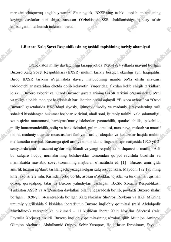 aminov, olimjon akchurin, abdulhamid oripov, sobir yusupov, hoji hasan ibrohimov, fayzulla xo‘jaev, qulmuhamedov tayinlandi. mamlakatni boshqarish maqsadida tuzilgan buxoro xalqnozirlar so‘rosi tarkibi quyidagicha edi: rais va xorijiy tashqi ishlar(nozir-f.xo‘jaev), maorif (qori yo‘ldosh po‘latov), ichki (doxiliya)ishlar (m.saidjonov), moliya (u.po‘latxo‘jaev), davlat nazorati(n.husainov), favqulodda komissiya (raisi- ibrohimov), adliya (m.burhonov), harbiy (shihobuddinov), savdo va sanoat (m. mansurov)nozirliklari. bu paytga kelib inqilobchi yosh buxoroliklar firqasia’zolari buxoro kompartiyasi safiga kirishga majbur bo‘lgan edilar.ushbu o‘rinda ta’kidlash joizki, asosan jadidlardan tashkil topganbuxoro hukumati o‘sha paytda ma’lumotli kishilar yig‘ilganhukumatlardan biri hisoblangan. nozirlar buxoro, istanbul, moskvava boshqa shaharlarda ta’lim olishgan edi. buxoro jadidlario‘zlarining islohotchilik g‘oyalarini yangi hukumatdagi faoliyatlaridavomida amalga oshirishga harakat qildilar.1920-yil 6-8-oktyabrda amirning yozgi saroyi – sitorai mohixosada chaqirilgan. butun buxoro xalq vakillarining l qurultoyidabuxoro xalq sovet respublikasi – bxsr tuzilganligi tantanaliravishda e’lon qilindi. bu davlat tuzumi jihatidan xalq demokratikhokimiyati edi. uning zimmasiga qisqa muddat ichida o‘rta asrchilik an’analari meros qolgan amir buxorosini demokratik davlatga aylantirishdek tarixiy vazifani bajarish …