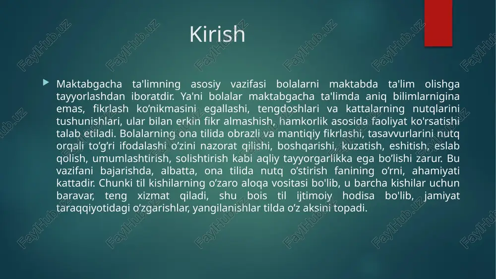 agar bola kichik yoshidan boshlab to'g'ri gapirishga (so'zlashishga) o'rgatib borilsa, u vaqtda bunday bola normal holatda rivojlanadi, ya’ni avval tasavvur etish, keyin esa fikr yuritish, xayol qilish qobiliyati paydo bo'ladi va bu qobiliyat har bir yosh bosqichida takomillashib boradi. bolalarda intellekt bilan barobar (parallel) ravishda iroda kabi ruhiy jarayon ham takomillashib boradi. ko'pgina tajribalar shuni ko'rsatdiki, nutqi rivojlanmagan bola to'liq shaxs sifatida kamol topmaydi. demak, tarbiyachi har doim shuni esda tutishi kerakki, nutq bu maktabgacha tarbiya yoshidagi bolalarda barcha ruhiy jarayonlar rivojlanishiga ko'maklashuvchi vositadir. bolaga ona tilini o'rgatish bilan bir vaqtda, ularni maktabda muvaffaqiyatli o'qishlari uchun zamin tayyorlanadi, mehnat faoliyatiga ijodiy yondashishga o'rgatiladi. maktabgacha ta’lim tashkilotining barcha tarbiyaviy-ta'limiy ishlarida bolalarga ona tilini o'rgatish orqali ularning nutqi o'stiriladi. ayniqsa, nutq o'stirish mashg‘ulotlarida har bir bolaning nutqini rivojlantirish bo'yicha ishlar rejalashtiriladi. bolalarga barcha mashg'ulotlarning mazmuni faqat ona tili orqali singdiriladi. „ona tili, — deb ta’kidlagan edi k.d. ushinskiy, — har qanday taraqqiyotning …