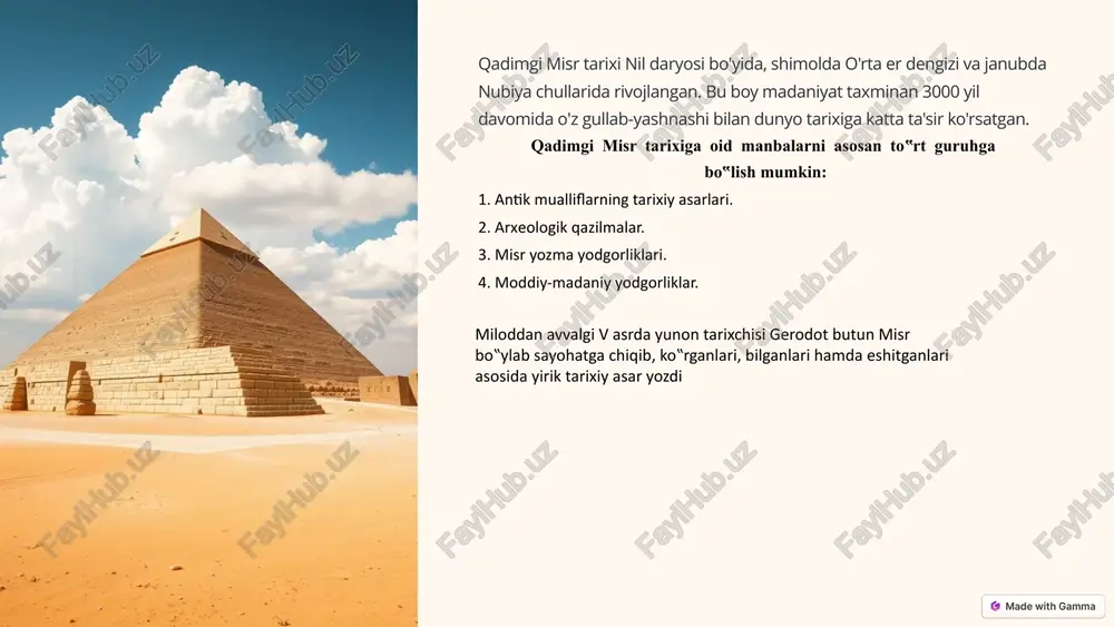 s onalik va sehr-jodugarlik xudosi, osirisning rafiqasi va horusning onasi. 8 yozuv va adabiyot qadimgi misr yozuvi ierogliflar deb ataladi. bu yozuv toshga, papirusga va boshqa materiallarga o'yilgan yoki chizilgan. 1 hierogliflar qadimgi misr yozuv tizimi, rasmlar, belgilar va so'zlarni o'z ichiga olgan. 2 papirus qadimgi misrliklarning yozuv materiali, nil daryosi bo'yidagi o'simlikdan tayyorlangan. 3 adabiyot qadimgi misr adabiyoti afsonalar, nasrlar, she'rlar, madhiyalar va boshqa janrlardan iborat. 4 hikoyalar qadimgi misr adabiyoti xudolar, podshohlar, qahramonlar va kundalik hayot haqida hikoyalar bilan to'ldirilgan. 9 misr iyerogliflari sirining uzil-kesil ochilishi fransuz olimi fransua shampolon nomi bilan uzviy bog‟liq. napoleon bonapartning misrga qilgan ekspeditsiyasida ishtirok etgan askarlar chuqur qazib turib, toshga duch kelishadi. ular toshni xazina solingan sandiq bo‟lsa kerak, deb o‟ylashadi. olimlar plitaning quyi qismida bitilgan yozuvlarni osonlikcha o‟qishadi. matnning bir qismi yunon tilida yozilgan bo‟lib, plita qo‟yilgan yerga nisbat berilib “rozett toshi” deb atalgan. rozett toshiga o‟yib yozilgan yozuv miloddan avvalgi …