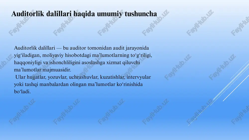 us “ishchi hujjatlar” shaklida rasmiylashtiriladi. ular auditorlik kompaniyasining ichki nazorati va keyingi auditlar uchun asosiy arxiv manbasi hisoblanadi. masalan, o‘zbekistonda moliya vazirligining buyrug‘iga muvofiq, barcha ishchi hujjatlar kamida 5 yil davomida saqlanishi lozim. xavf va firibgarlik holatlarida dalillar bilan ishlash agar firibgarlik, xato yoki manipulyatsiya xavfi aniqlansa, auditor quyidagi choralarni ko‘radi: dalillarni chuqurlashtirib tekshirish — qo‘shimcha hujjatlar va tashqi manbalarni jalb etish. aniqlangan tafovutlarni tahlil qilish — buxgalteriya yozuvlari bilan solishtirish. ichki nazorat tizimini baholash — xatolik manbalarini aniqlash. shubhali dalillarni mustahkamlash — mustaqil tasdiqlovchi manbalardan ma’lumot olish. xulosa chiqarishda ehtiyotkorlik tamoyiliga rioya qilish. o‘zbekiston respublikasida auditorlik faoliyati xalqaro talablarga mos ravishda tashkil etilmoqda. milliy audit standartlarida (mas) ham, xalqaro audit standartlarida (xas 500 “audit dalillari”) ham dalillarni to‘plash, ularni tahlil qilish, solishtirish va baholash jarayonlariga alohida e’tibor qaratilgan. so‘nggi yillarda mamlakatimizda iqtisodiyotda oshkoralik, shaffoflik va korporativ boshqaruvni kuchaytirish maqsadida auditorlik tizimi jadal rivojlanmoqda. shu jarayonda auditorlik dalillari: davlat va …