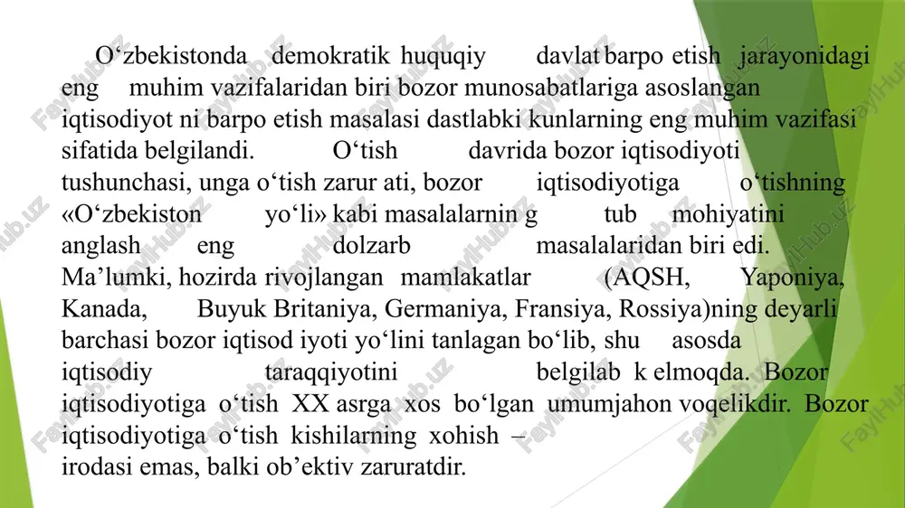 rish davlat tomonidan boshqariladi xususiylashtirishni huquqiy- me’yoriy jihatdan ta’minlashda qonunlarga rioya etiladi bozor munosabatlariga o'tishning asosiy shartlaridan biri sifatida mulkni davlat tasarrufidan chiqarish va xususiylashtirish amalga oshirish. bu bilan davlat monopoliyasi tugatilib, ma'muriy buyruqbozlik buzildi va bozor iqtisodiyotiga asos solindi, mulkdorlar sinfi shakllandi, xorijiy sarmoyadan foydalanib, ishlab chiqarish samaradorligi oshdi. mulkni xususiylashtirish va ko'p ukladli iqtisodni shakllantirish o'zbekistonda ikki bosqichda amalga oshirildi. birinchi bosqich 1992-1993 yillari amalga oshirildi. bu davrda asosan maishiy xizmat, savdo korxonalari, transport va qurilishning kichik korxonalari, qayta ishlash korxonalari mulk shakli o'zgartirilib, mulkning ijara, jamoa, aksiadorlik shakllari vujudga keldi. uy-joylar xususiylashtirildi. ikkinchi bosqich o'zbekiston respublikasi vazirlar mahkamasining 1994 yil 21 yanvardagi «iqtisodiy islohotlarni yanada chuqurlashtirish, xususiy mulk manfaatlarini himoya qilish va tadbirkorlikni rivojlantirish chora-tadbirlari to'g'risida»gi qarori asosida olib borildi. bu davrda ochiq aksiadorlik jamiyatlari tashqil etilib,, korxonalar aksialarini chiqardilar, auksion savdosi orqali davlat mulkini shaxslarga sotish, xususiylashtirishni yoppasiga olib borish ko'zda tutildi. davlat mulkini xususiylashtirish. 1992-1993 …