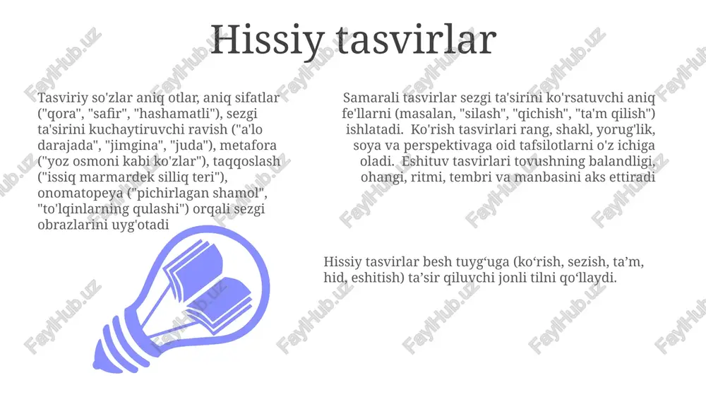 pak mato), hidlash (dengiz tuzi, o'tin tutuni), ta'm (achchiq qahva, shirin sharob) ovoz – muallifning o'ziga xos shaxsiyati: uning nuqtai nazari (birinchi shaxs, uchinchi shaxs – "mobi dik"da), munosabati (kinoya, befarq, ehtirosli – ostenning angliyasi), va o'quvchi bilan munosabati (yaqin, uzoq, hokimiyatli – shekspir pyesalarida). faol va passiv ovoz ta'sirga ta'sir qiladi. ta'sirli sifatlar 1. qadimgi, parchalanayotgan, xv asr parij toshi; 2. yaltirayotgan, firuza rang egey dengizi suvlari mikonos yaqinida; 3. zich, zumrad rang amazon o'rmoni 10 000 turga boy. 1. marokashning djemaa el-fna maydonidagi, jasmin hidli, qattiq xushboʻy arab kechalari; 2. maldiv orollarining tinch, oq qorli plyajlari, firuza rang suvlarning sohilga yumshoq urilishi; 3. 1920-yillardagi yangi orleanning boʻgʻuvchi nam, oʻrmonsimon muhiti, xira yoritilgan barlardan jazz musiqasi tarqalishi. 1. quyoshda qizigan, terakota tomli 17-asr ispan qishlog'i, moviy o'rtayer dengiziga qaragan; 2. shamol urib turgan, qor bilan qoplangan 6000 metr balandlikdagi himoloy cho'qqilari, vodiyga uzun soyalar tashlaydi; 3 hissiy tafsilotlar ajoyib …