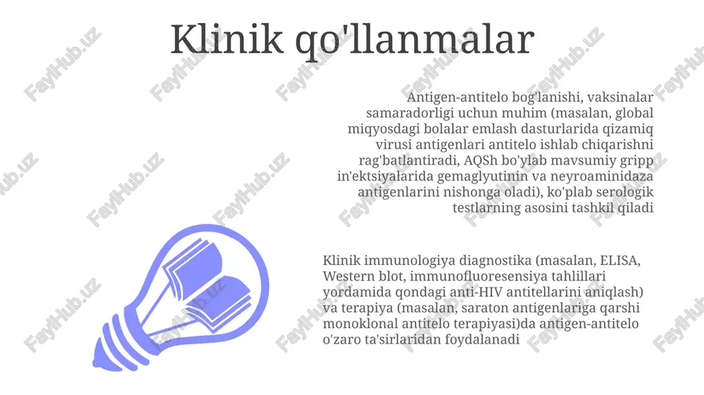 alent o'zaro ta'sirlar orqali fab hududlarda sodir bo'ladi affinitat va aviditet: antikor affinitati (bitta antigen-antitelo oʻzaro taʼsiridagi kuch) neytrallashish samaradorligiga taʼsir qiladi. aviditet (bir nechta antigen-antitelo oʻzaro taʼsirlarining umumiy kuchi), ayniqsa, koʻp valentli antigenlar (masalan, bir necha epitopli viruslar) bilan, in vivo neytrallashish kuchiga sezilarli taʼsir koʻrsatadi epitopa tan olish antigenlar (masalan, bakteriya sirt oqsillari, virus glikoproteinlari, chang changlari oqsillari kabi allergenlar, qon, to'qimalar va atrof-muhit manbalarida uchraydi) bir nechta epitoplarga ega bo'lib, har biri o'ziga xos antitellarni bog'lay oladi antikor-antigen o'zaro ta'siri spesifikligini epitop va paratopning aniq uch o'lchovli tuzilmasi belgilaydi; epitopning aminokislota ketma-ketligidagi kichik o'zgarishlar ham (masalan, hiv gp120 kabi virusli oqsillardagi nuqta mutatsiyalari) antikor bog'lanishini sezilarli darajada o'zgartirishi mumkin antikor paratope (igg, igm, iga kabi immunoglobulin molekulalarining o'zgaruvchan qismlari, qon zardobida, limfada, shilliq pardalar sekretlarida uchraydi) ning antigen epitoplariga (masalan, e komplement aktivatsiyasi c3a va c5a kabi komplement fragmentlari anafilatoksinlar vazifasini bajarib, to'qimalarda mast hujayralarining degranulyatsiyasi (gistamin …