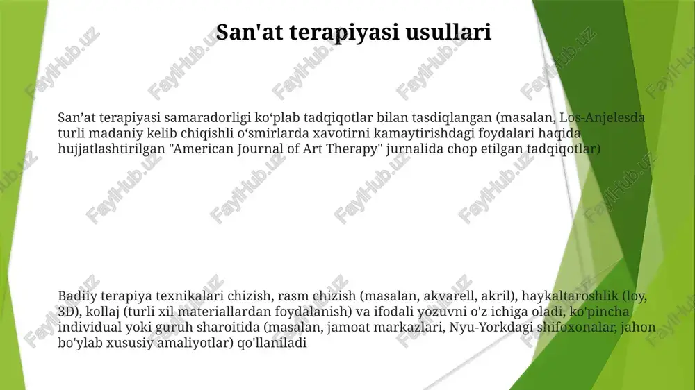 shloq veterinar ishlar kasalxonalarida ptsd bilan kurashayotgan kattalar)ga turli vositalar (rasm, haykaltaroshlik, kollaj) yordamida foyda keltiradi san'at terapiyasi aralashuvlari turli ehtiyojlarga moslashadi (masalan, chikagodagi ixtisoslashtirilgan maktablardagi nutqsiz autistik bolalar; floridadagi qarilar uylaridagi demansiya kasallar; mamlakat bo'ylab jazoni ijro etish muassasalaridagi mahbuslar) badiiy terapiya foydalari ijodkorlik ifodasi hissiy jarayonlarni yengillashtiradi, buyuk britaniyadagi tadqiqotda ishtirokchilarning o'z-o'zini anglash darajasining 20% ga oshishi bunga dalil art terapiyasi o'ziga xos davolovchi yondashuv bo'lib, o'z-o'zini hurmat qilishni va moslashuv mexanizmlarini yaxshilaydi. 15 tadqiqotni umumlashtirgan tahlil natijalari turli yosh guruhlari va klinik populyatsiyalarida (masalan, londondagi saraton kasallarida, chikagodagi o'smirlarda) o'z-o'zini samaradorlik ballarida sezilarli yaxshilanishni (p<0.05) ko'rsatdi. e'tiboringiz uchun rahmat @taqdimot_robot
