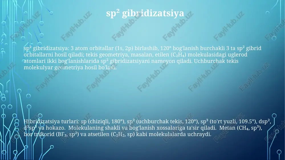 ng turlari: sp, sp², sp³, sp³d, sp³d², sp³d³; atom orbitallari shakli va energiyasini o'zgartiradi; molekula geometriyasiga ta'sir qiladi (chiziqli, uchburchak tekis, to'rtburchak, uchburchak bipiramida, oktaedr); molekula polyarligini bashorat qiladi; misollar: etan (sp³), etilen (sp²), atsetilen (sp). sp-gibridizatsiya sp-gibridizatsiya: chiziqli geometriya; 2 ta sp-gibrid orbitallar; 2 ta gibridlanmagan p-orbitallar; atsetilen (c₂h₂), becl₂ buning misolidir; 180° bog'lanish burchagi; uch karra bog'lanishlar hosil qilishda muhim ahamiyatga ega. atom orbital usuli: to'lqin funksiyasi tavsifi; shredinger tenglamasi; elektron zichligini hisoblaydi; molekula geometriyasini bashorat qiladi; katta molekulalar uchun aniqligi cheklangan; geliy (he) atomi sodda misol; vodorod 1s atom orbitali. hibridizatsiya va turlari: sp, sp², sp³; molekula shakliga ta'sir qiladi; tetraedrik (sp³), trigonal planar (sp²), chiziqli (sp) geometriyalar; metan (ch₄), eten (c₂h₄), etin (c₂h₂) bu turlarni misol qiladi; organik kimyoda uglerodning hibridizatsiyasi muhim; bog'lanish burchaklarini bashorat qiladi. gibridizatsiya: asosiy tushuncha molekulyar orbital usuli: atom orbitalardan molekulyar orbitalar (bog'lovchi va antibog'lovchi) yaratadi; elektron delokalizatsiyasini (masalan, benzola 6 π …