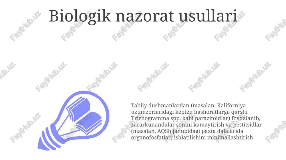 agi o'rgimchak kenalariga qarshi organofosfatlar va piretroidlarni almashlab qo'llash) juda muhim. alternativ kurash usullarini o'rganish (masalan, illinoys makkajo'xori dalalarida bt-makkajo'xori navlaridan foydalanish kabi chidamli o'simlik navlaridan foydalanish) chidamlilikka selektiv bosimni kamaytiradi kimyoviy nazorat usullari kimyoviy nazorat kaliforniyadagi atirgullardagi shiralar (aphis spp.), aydahodagi kartoshka dalalaridagi kolorado kartoshka qo'ng'izi (leptinotarsa decemlineata) yoki nyu-jersi bog'laridagi yapon qo'ng'izlari (popillia japonica) kabi zararkunandalarga qarshi insektitsidlar (organofosfatlar, karbamatlar, neonikotinoidlar) dan foydalanadi tuproq va ombor zararkunandalarini (masalan, nematodalar, don omborlaridagi qo'ng'izlar) nazorat qilish uchun gazsimon pestisidlar (metil bromid, sulfuryl ftorid) ishlatiladi. qo'llash maxsus uskunalar va zaharliligi tufayli xavfsizlik choralarini talab qiladi zararkunandalarga kompleks kurash (zkk) kimyoviy usullarni (masalan, vashington shtatidagi olma bog‘larida olma kurti (cydia pomonella)ga qarshi spinosad), agrotexnika tadbirlarini (o‘zgarma ekish, sanitariya) va biologik usullarni (masalan, niderlandiyadagi issiqxonalarda bitlarga qarshi turli xil qo‘ng‘izlar (coccinellidae)ni qo‘llash) birlashtiradi o'simlik zararkunandalari iqtisodiy ta'siri zararkunandalar (masalan, afrika mamlakatlarida makkajo'xorini vayron qiluvchi kuz armiyasi tırtılı va irlandiyadagi (1845-49) kartoshka kasalligi) tufayli …