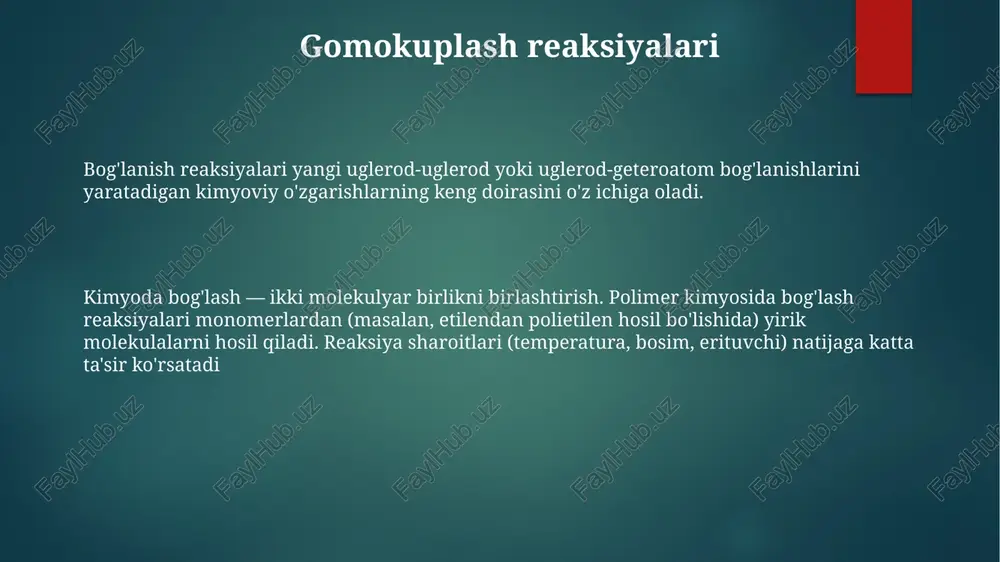 n, tabiiy mahsulot sintezida) hosildorlik ko'pincha 80% dan kam. cheklovchi 2: gomokupleşuv (istalmagan dimerleşuv) istalgan kross-kupleşuvga (mas., stille, negishi) raqobat qiladi. katalizator miqdori (pd, ni) narx va chiqindilarga ta'sir qiladi; tozalash (kolonka xromatografiyasi) ko'pincha zarur bo'lib, umumiy samaradorlikni pasaytiradi (hosil 50-70%) palladiy katalizli suzuki-miyaura bog'lash reaksiyasi (masalan, arilboron kislotasi bilan arilgaloid) farmatsevtika va materiallar kimyosida keng qo'llaniladi. reaksiya sharoitlari (asos: k2co3, na2co3; ligand: pph3) selektivlik va hosildorlikka (odatda 60-95%) ta'sir qiladi. biriktirish reaksiyalari mexanizmi aril galogenidning pd(0) kompleksga oksidlovchi qo‘shilishi, keyin organometalik reagent bilan transmetalllanish, birikkan mahsulotning reduktiv yo‘qolishi va pd(0) katalizatorining tiklanishidan iborat mexanizm. ligandlar (masalan, trifenilfosfin, binap) butun dunyo bo‘ylab tadqiqot laboratoriyalarida o‘tkazilgan reaksiyalar tezligi va selektivligiga ta'sir qiladi. ko'pgina variantlarni (ullman, sonogashira, hiyama) o'z ichiga olgan biriktirish reaksiyalari murakkab molekulalarni, xususan farmatsevtika va materiallar kimyosida yaratish uchun organik sintezda keng qo'llaniladi c-s bog'lanish reaksiyalari organik sintezda muhim ahamiyatga ega bo'lgan c-s bog'lanish reaksiyalari o'tish metall katalizatorlarini (masalan, …
