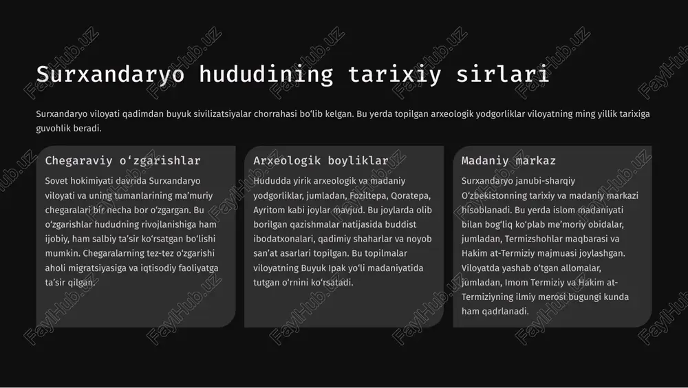 1 shtamp sangardak mahallasi va uning tarixiy ahamiyati sangardak mahallasi 3 bu faqatgina qishloq emas, balki tabiatning o8zi yaratgan mo8jizalar makoni va qadimiy urf-odatlar beshigi. go8zal tabiat va madaniy obyektlar sariosiyo tumanining eng mashhur joylaridan biri bo8lgan sangardak mahallasi o8zining betakror tabiati va madaniy obyektlari bilan ajralib turadi. bu yerda joylashgan tog8lar, daryolar va sharsharalar sayyohlarni o8ziga jalb qiladi. mahalla o8zining tinch va osoyishta muhiti bilan ham mashhur. xo8jai ilg8or ziyoratgohi sangardakda joylashgan xo8jai ilg8or ziyoratgohi viloyatning eng muhim ziyoratgohlaridan biridir. dengiz sathidan 1500 metr balandlikda joylashgan bu muqaddas maskan ko8plab ziyoratchilar va sayyohlar uchun ruhiy tetiklik beruvchi joy hisoblanadi. ziyoratgohning tarixi haqida turli afsonalar mavjud bo8lib, u qadim zamonlardan beri hurmat bilan saqlanib kelinadi. obodonlashtirish ishlari 2019-yilda "vaqf" fondi tomonidan xo8jai ilg8or ziyoratgohida keng ko8lamli obodonlashtirish ishlari amalga oshirildi. ziyoratgohga olib boruvchi yo8llar tartibga solindi, zamonaviy zinapoyalar barpo qilindi va qulayliklar yaratildi. bu ishlar ziyoratgohning jozibadorligini yanada oshirdi va …