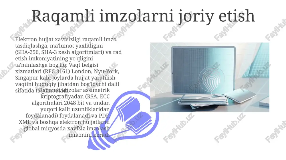 eruvchi markazlarning (sbm) x.509 sertifikatlari bilan ochiq kalit kriptografiyasi (okk) yordamida bulut saqlash (aws s3, azure blob storage) va elektron pochta (smtp, imap) kabi turli platformalarda hujjatning ishonchliligini va rad etilmasligini tasdiqlaydi. e'tiboringiz uchun rahmat @taqdimot_robot image4.jpg image5.jpg image6.jpg image7.jpg image8.jpg image9.jpg image10.jpg image1.jpeg image2.jpeg image3.jpeg