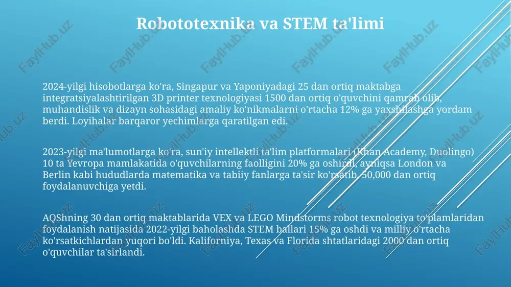 mda 3d bosma va maker makonlari innovatsion texnologiyalar, jumladan 3d printer va raqamli ishlab chiqarish vositalari (masalan, mitning fab lab tarmog'i va stanfordning d sun'iy intellekt yordamida shaxsiylashtirilgan o'qitish moskina o'rganish dasturlari (masalan, dreambox learning, century tech) kuniga 100 dan ortiq mamlakatda 5 milliondan ortiq talaba o'zaro ta'sirlari bilan ishlaydi va moslashtirilgan o'quv yo'llarini taklif qilib, yevropa va janubi-sharqiy osiyo kabi hududlarda o'quvchilarning yutuqlarini 10-15% ga oshiradi. sun'iy intellektli shaxsiylashtirilgan o'quv platformalari (masalan, khan academy, duolingo) turli fanlardan (matematika, fan, tillar) va turli joylardan (aqsh, xitoy, hindiston) 1000 dan ortiq talaba ma'lumotlarini (o'rganish sur'ati, kuchli va kuchsiz tomonlari) tahlil qilib, o'quv natijalarini 20-30% ga yaxshilaydi. aqlli sinflar va ta'lim muhiti aqlli sinf xonalarida interaktiv doskalar, 3d printerlar (kalyforniyada 20 dan ortiq maktabda) va virtual reallik (vr) ko'zoynaklari (jahon bo'yicha 150 dan ortiq maktabda) qo'llanilib, o'quvchilarning faolligini 25% ga oshirmoqda (mit va stenford tadqiqotlari). onlayn o'qitish platformalari va mooclar ta'limda virtual …