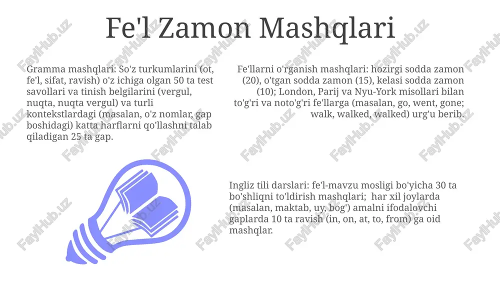 ij, sidney) misollar bilan. gaplashtirish gaplashtirish mashqlari grammatika ko'nikmalarini sezilarli darajada yaxshilaydi; turli yoshdagi (masalan, boshlang'ich, o'rta, oliy) 20 dan ortiq ingliz tili bilimi darajalarini oshiradi. mashqlar 5-10 ta sodda gapni murakkab tuzilmalarga aylantirishni o'z ichiga oladi (masalan, london, nyu-york). gramma mashqlari, masalan, 15-20 gapni sxemalashtirish, dunyo bo'ylab o'quvchilar uchun so'z turkumlari (ot, fe'l, sifat, ravish) va tinish belgilar (vergul, nuqta qo'yish, nuqta)ni tushunishni yaxshilaydi; mahalliy va mahalliy bo'lmagan, turli mintaqalardan (masalan, osiyo, yevropa, afrika) bo'lganlarga foyda keltiradi. ko'pgina onlayn/offlayn resurslar 30 dan ortiq gap birlashtirish va grammatika mashqlarini, jumladan pearson, oxford university press kabi nashriyotlarning javob kalitlari bilan batafsil ish daftalarini taklif qiladi vergul muammolari so'z turkumlari mashqlari nutq qismlari bo'yicha mashqlar (ot, fe'l, sifat, ravish, ravishdosh, bog'lovchi, undov) barcha darajadagi o'rganuvchilar uchun ingliz grammatikasi ko'nikmalarini yaxshilaydi; misol tariqasida london shahridagi gap sxemalarini tuzish, nyu-york shahri darsliklaridagi nutq qismlarini aniqlash va onlayn testlarni keltirish mumkin. murakkab gap tuzilmalari, qarindosh …