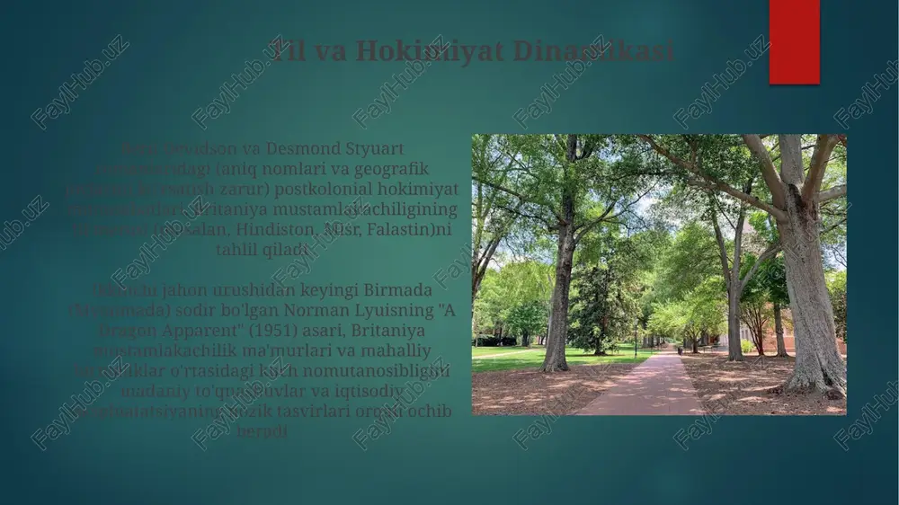 ishi mumkin. ikkinchi jahon urushidan keyingi birmada (1940-yillar) joylashuv va parchalanib ketgan shaxsni o'rganuvchi norman lyuisning "yagona odam" asari mustamlaka merosining shaxslarga psixologik ta'sirini va geografik kontekstdagi shaxsiy hikoyalarga ta'sirini ochib beradi e'tiboringiz uchun rahmat @taqdimot_robot image6.jpg image7.jpg image8.jpg image9.jpg image10.jpg image11.jpg image12.jpg image2.png image3.png image4.png image5.png