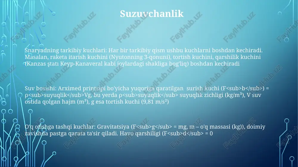 qilinadi yer yuzasiga yaqin tortish kuchi (g ≈ 9.81 m/s²): asosiy pastga yo'nalgan kuch; kattaligi balandlik va kenglikka qarab biroz o'zgaradi shamol keskin o'zgarishi tortish kuch (9.8 m/s² tezlanish) asosiy tashqi kuch bo'lib, snaryadlarni doimo pastga tortadi. uning ta'siri parvoz vaqti va balandligi bilan ortadi, 1000 m/s boshlang'ich tezlikda ham masofani sezilarli darajada qisqartiradi shamol keskin o'zgrishi, muhim aerodinamik ta'sir, snaryadlarning traektoriyasiga sezilarli ta'sir qiladi. shamol tezligining (masalan, 20 dan 40 tugungacha) va yo'nalishining (masalan, keyp-kanaveral ustida 1000 metr balandlikda 30° o'zgarish) qisqa masofada o'zgarishi bashorat qilib bo'lmaydigan og'ishlarga olib keladi havo qarshiligi (tormozlash), snaryad shakli, tezligi (masalan, trans- va subtovushli) hamda havo zichligiga (balandlik bilan kamayadi) bog'liq bo'lib, snaryad harakatiga qarshilik qiladi aylanish barqarorlashuvi komponentga xos kuchlar: jangovar kalla zarb ta'sirida sekinlashadi (g-kuchlar), bu esa datchik ishiga ta'sir qiladi. qanotchalar hujum burchagiga qarab o'zgarib turadigan aerodinamik yuklarni (ko'tarish, qarshilik) boshdan kechiradi; ularning dizayni (masalan, burchak burchagi, soni) keraksiz aylanishni …