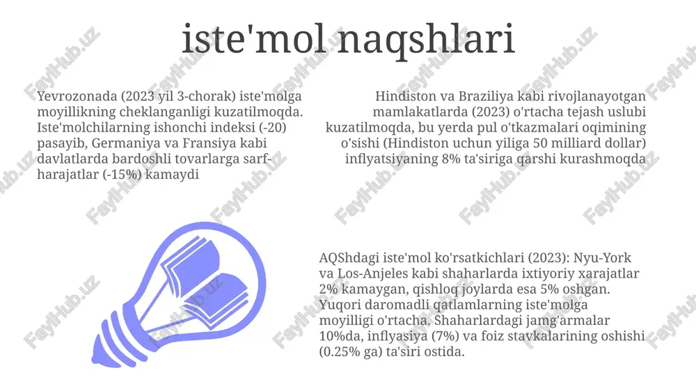 labning barqaror mahsulotlarga o'tishiga (masalan, xitoyda elektr transport vositalariga talabning oshishi, yevropa ittifoqining emissiya maqsadlari hindistondagi ishlab chiqarishga ta'siri) ta'sir qiladi. shaharlardagi (masalan, london, nyu-york) o'rtacha iste'mol xarajatlarining kelajakdagi ta'siri (2024-2030): yaimning 2% ga kamayishi, milliy investitsiyalar (masalan, tokio, germaniyadagi infratuzilma loyihalari) ga cheklangan ta'sir – rejalashtirilgan kapital kengayishining 1,5% ga kamayishi. tejamkorlik odatlari o'rtacha tejashga ega shaxslar (masalan, daromadning 15-25%) balansli yondashuvni namoyon qiladilar, mablag'larni zudlik bilan kerakli narsalarga va kelajakdagi maqsadlarga (nafaqaga tayyorgarlik, 401k hissalari yoki denver, kolorado atrofidagi uy sotib olish) sarflaydilar kam iste’mol moyilligi kamroq ixtiyoriy xarajatlarga (masalan, oyiga 500$ ko’ngil ochish uchun, arzonroq restoranlarda ovqatlanish) olib keladi. asosiy xarajatlar (uy-joy, oyiga 1200$; transport, oyiga 300$) va qarzlarni kamaytirish (kredit karta balanslari limitning 10% dan kam) asosiy xususiyatlar hisoblanadi mahalliy banklardagi (masalan, chase, bank of america) jamg'arma hisob raqamlari bunday shaxslarda katta mablag'ni (ko'pincha 5000-20000 dollar) tashkil etadi. investitsiyalar kam xilma-xil bo'lib, asosan past xavfli variantlarga …