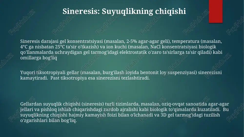 i, 1-2%), pishloq tayyorlashda (zardob chiqishi) va ba'zi gidrogellarda (polivinil spirti, pva, 5-15% eritmalar) kuzatiladi. tixotroniya: qirqilish yupqalanishi tixotopik materiallarda yupqalash xulqi nyuton bo'lmagan oqim egri chizig'ini ko'rsatadi; yopishqoqlik siljish tezligining oshishi bilan kamayadi (masalan, 1 s⁻¹ dan 100 s⁻¹ gacha) tixotroniya, qirqish yupqalash xossasi, ma'lum gellarning (masalan, bentonit suspenziyalari, bosib chiqarish bo'yoqlari va yogurt kabi ba'zi oziq-ovqat mahsulotlari) qirqish kuchiga duchor bo'lganda yopishqoqligida vaqtga bog'liq kamayishini tasvirlaydi; dam olishda yopishqoqlik tiklanadi sineresis – yaqin bogʻliq hodisa, geldan suyuqlik chiqishini oʻz ichiga oladi, koʻpincha tixotrop tizimlarda siljishdan keyin yoki tinch holatda kuzatiladi. bu oddiy choʻkishdan farq qiladi tixotopik va sinerezis gellarining qo'llanilishi e'tiboringiz uchun rahmat @taqdimot_robot image1.png image2.png image3.png image4.png image5.png image6.png image7.png image8.png image9.png image10.png