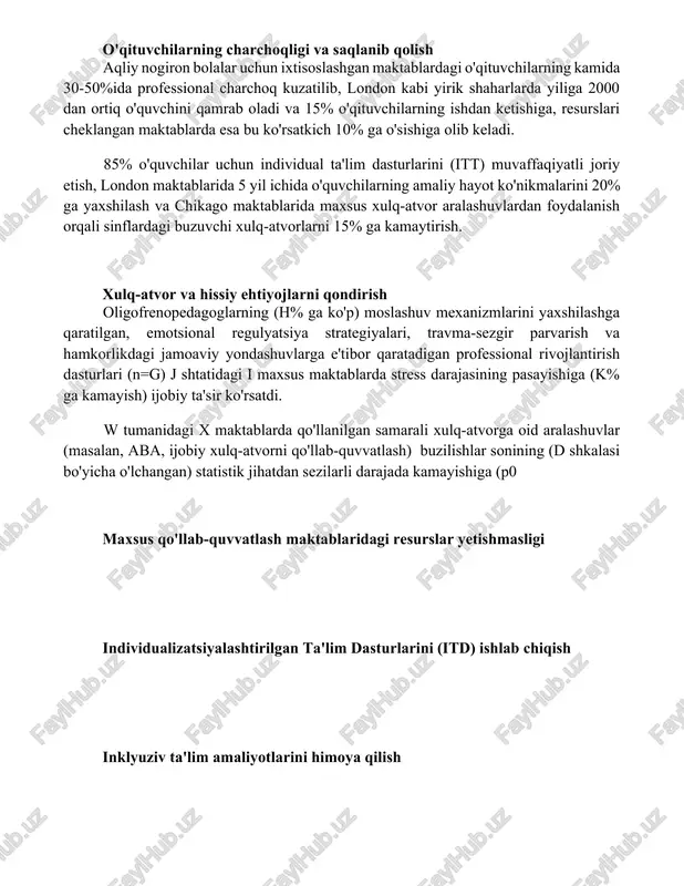 ohalarda doimiy professional rivojlanish (pr) zarur o'qituvchilarning charchoqligi va saqlanib qolish aqliy nogiron bolalar uchun ixtisoslashgan maktablardagi o'qituvchilarning kamida 30-50%ida professional charchoq kuzatilib, london kabi yirik shaharlarda yiliga 2000 dan ortiq o'quvchini qamrab oladi va 15% o'qituvchilarning ishdan ketishiga, resurslari cheklangan maktablarda esa bu ko'rsatkich 10% ga o'sishiga olib keladi. 85% o'quvchilar uchun individual ta'lim dasturlarini (itt) muvaffaqiyatli joriy etish, london maktablarida 5 yil ichida o'quvchilarning amaliy hayot ko'nikmalarini 20% ga yaxshilash va chikago maktablarida maxsus xulq-atvor aralashuvlardan foydalanish orqali sinflardagi buzuvchi xulq-atvorlarni 15% ga kamaytirish. xulq-atvor va hissiy ehtiyojlarni qondirish oligofrenopedagoglarning (h% ga ko'p) moslashuv mexanizmlarini yaxshilashga qaratilgan, emotsional regulyatsiya strategiyalari, travma-sezgir parvarish va hamkorlikdagi jamoaviy yondashuvlarga e'tibor qaratadigan professional rivojlantirish dasturlari (n=g) j shtatidagi i maxsus maktablarda stress darajasining pasayishiga (k% ga kamayish) ijobiy ta'sir ko'rsatdi. w tumanidagi x maktablarda qo'llanilgan samarali xulq-atvorga oid aralashuvlar (masalan, aba, ijobiy xulq-atvorni qo'llab-quvvatlash) buzilishlar sonining (d shkalasi bo'yicha o'lchangan) statistik jihatdan …