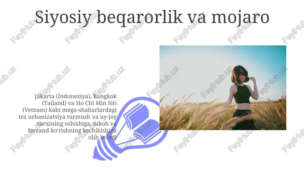din va madaniy o'zgarishlar madaniy normalar va qadriyatlardagi o'zgarishlar (masalan, ho chi min shahridagi shahar hududlarida individualizmning kuchayishi) martaba o'sishi va shaxsiy qoniqishni katta oilalarga nisbatan ustun qo'yadi iqtisodiy omillar tug'ilishni pasaytiradi. tez rivojlanayotgan mamlakatlarda bolalarni tarbiyalashning yuqori narxi (masalan, malayziyaning o'sib borayotgan o'rta sinfi) va ayollar uchun professional sohalarda imkoniyatlarning ko'payishi (masalan, singapurda ayollarning 55% universitetga o'qishga kirishi) oilalarning kichiklashiga olib keladi moliyaviy xavfsizlik va pensiya rejalashtirish hayot va ta'limning qimmatlashuvi hukumat siyosati (masalan, ko'plab davlatlarda cheklangan subsidiyalangan bolalar bog'chasi), madaniy o'zgarishlar (martaba o'sishini katta oilalarga ustun qo'yish) va kontratseptiv vositalarga kirishning yaxshilanishi (janubi-sharqiy osiyodagi bir qancha mamlakatlarda kontratseptiv tarqalish darajasining oshishi) ham bu tendentsiyaga ta'sir ko'rsatadi uy-joy (masalan, jakartadagi ko'chmas mulk narxlari 2022 yilda 15% oshdi), sog'liqni saqlash (malayziyada sug'urta mukofotlari yiliga 8% o'sdi) va bolalar bog'chasi (shahar markazlarida o'rtacha oyiga 500 dollar) narxlarining oshishi tug'ilish darajasining pasayishiga sezilarli hissa qo'shmoqda ekologik muammolar va barqarorlik 01 02 janubi-sharqiy …