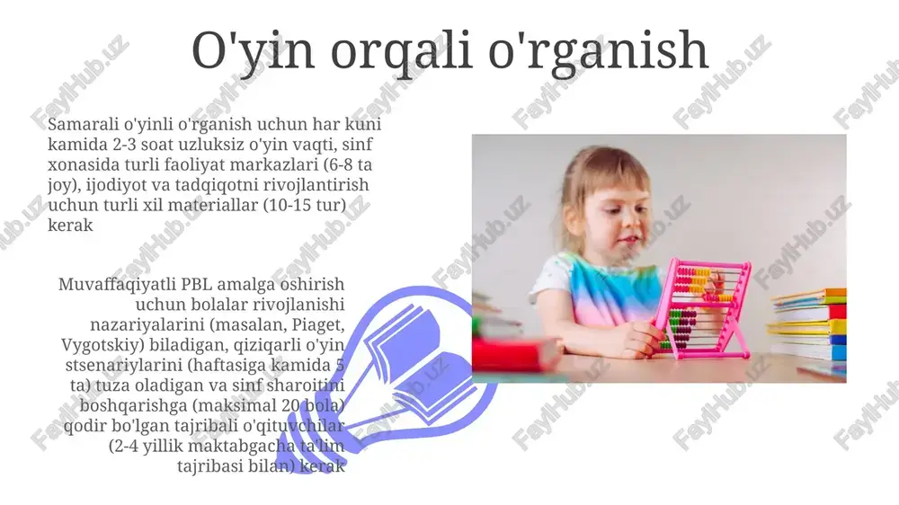 n, turli jamoalardagi sinflarda nogiron bolalar ehtiyojlariga moslashtirish) yordam beradi. asosiy tamoyillar 3-5 yoshli bolalarni rivojlanishiga mos ta'lim (dap) maktabgacha ta'lim dasturini boshqaradi, yosh, shaxsiy ehtiyojlar va madaniy kontekstlarga e'tibor beradi asosidagi ko'nikmalar (o'qish, hisoblash) amaliy tadqiqotlar orqali o'rgatiladi. boshlang'ich savodxonlik fonetik ong (she'r, tovushni aniqlash), matnli ong (kitob bilan ishlash, yo'nalish) va boshlang'ich yozuvni (chizish, chizish) o'z ichiga oladi baholash va baholanish 01 02 reggio emilia yoki montessori yondashuvlari doirasida oʻyin asosidagi oʻqitish (rolli oʻyinlar, sanʼat, musiqa), oʻqituvchi boshqaruvidagi mashgʻulotlar (davra suhbati, savodxonlik darslari) va individual taʼlim (turli ehtiyojlarga ega 5-10 bola uchun 1:1 va kichik guruhlarda differentsial oʻqitish) qoʻllaniladi. sales 1st qtr 2nd qtr 100 0 sales 1st qtr 2nd qtr 100 0 e'tiboringiz uchun rahmat @taqdimot_robot image4.jpg image5.jpg image6.jpg image7.jpg image8.jpg image9.jpg image10.jpg image11.jpg image12.jpg image13.jpg image14.jpg image15.jpg image1.jpeg image2.jpeg image3.jpeg