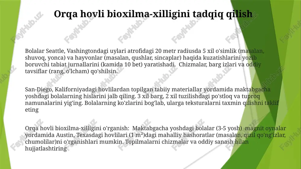 rdan foydalaning. hajm, og'irlik va zichlik tushunchalarini o'rganing. joylashuv: ochiq havoda o'quv xonasi/o'yin maydonchasi. sinf xonasi tabiat burchagi yaratish 3-5 yoshli maktabgacha tarbiyalanuvchilar har kuni 2-3 ta tabiiy buyumni o'rganadilar: mahalliy parkdan tushgan barglar (dub, hayvon), 200-meyn ko'chasi yaqinidan xavfsiz yig'ilgan tekis daryo toshlari, 5 xil ignabargli daraxtdan kelgan shishkalar maktab yaqinidagi 1 mil radiusdagi tabiatdan yig'ilgan kuzgi barglar (ranglar bo'yicha 12 ta), 7 xil rezavor meva, 6 ta kichik qovoq, 3 xil daraxtdan olma yong'oqlari, novdalar va boshqa tabiiy buyumlar mavjud bo'lib, mavsumiy o'zgarishlarni aks ettiradi. daryo boʻyidagi tabiat yurishlari (haftasiga 3 marta, 30 min): 5 xil oʻsimlikni aniqlash (qoplamalı maydon qoʻllanmalaridan foydalanib), hasharotlarning (qoʻngʻizlar, chumolilar) xulq-atvorini kuzatish, keyinchalik sinfning 2x3 futlik bogʻ uchastkasida ekish uchun 10 xil urugʻ qobigʻini yigʻish. tabiat yurishlari va xazina qidirishlari olma bog'ida 6 ta qizil gul, 4 ta ko'k kapalakni sanang; qarag'ay tizmasidagi tabiat yo'lida sariq, yashil, jigarrang rangdagi narsalarni toping; daryo bo'yida …