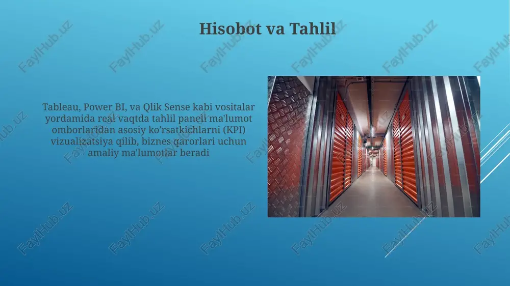 anbalardan (oracle, sql server, hadoop) ma'lumotlarni maqsadli ma'lumot omborlariga (snowflake, aws redshift) samarali yuklash uchun etl jarayonini optimallashtirish (masalan, informatica powercenter) kiradi, bu esa so'rovlarning tezligi va masshtablanuvchanligiga ta'sir qiladi ibm netezza yoki teradata kabi ma'lumot ombori boshqaruv tizimlari (mobt) ma'lumotlar ombori muhitida metama'lumotlar, ma'lumotlar sifati va kirish nazoratini boshqaradi. ular ko'pincha ma'lumotlarni tahlil qilish, tozalash va kelib chiqishini kuzatish funksiyalarini o'z ichiga oladi ma'lumot xavfsizligi va kirish nazorati ma'lumot xavfsizligi aws, azure, gcp ma'lumot markazlaridagi postgresql, oracle kabi ma'lumot bazalarida aes-256, rsa 2048-bit shifrlashni, granular ruxsatlarni boshqarish uchun kirishni nazorat qilish ro'yxatlari (acl) va rolga asoslangan kirishni nazorat qilish (rbac)ni qo'llaydi ma'lumot ombori arxitekturasi oracle, sql server, postgresql kabi rdbmslar yoki bulut asosidagi ma'lumot omborlari (snowflake, bigquery, redshift) ma'lumot omborlarini yaratishda keng qo'llaniladi e'tiboringiz uchun rahmat @taqdimot_robot image1.jpg image2.jpg image3.jpg image4.jpg image5.jpg image6.jpg image7.jpg image8.jpg image9.jpg image10.jpg image11.jpg image12.jpg