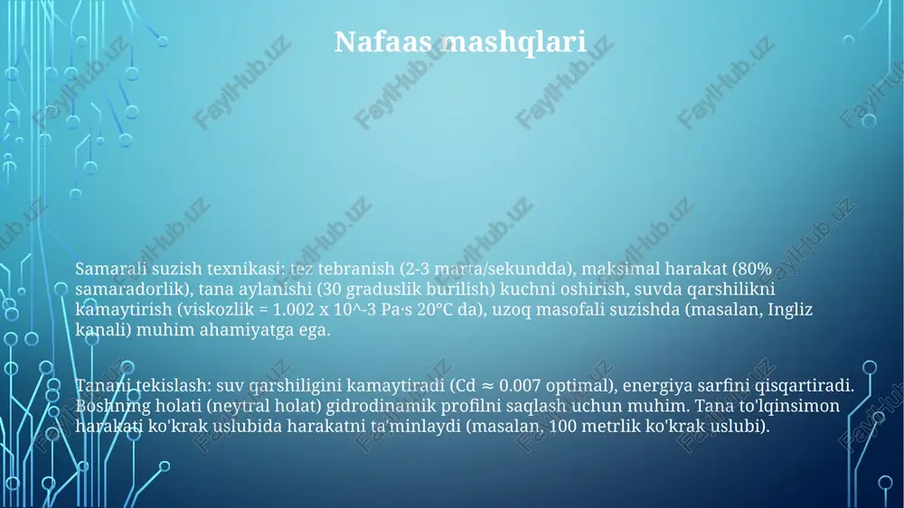 aksimal masofani ta'minlaydi. 1 ilg'or texnikalar tanani to'lqinsimon harakatlantirish (2-3 hz)ni va suzuvchi harakatlarni birlashtiradi. bu nazorat sharoitida 2 m/s tezlikda cd ni 25% gacha kamaytiradi. to'g'ri nafas ushlab turish texnikalari (statik apnea) suv ostida qolish vaqtini uzaytiradi malakali suzishda (2 zarbli delfin usuli) 1,5 m/s tezlikda flutter usuliga nisbatan 2,5 baravar koʻp itarish kuchi hosil qilib, fin effektivligi 80-90% ga yetadi. optimal tana tekisligi (170° son burchagi) qarshilikni kamaytiradi. 2 m/s yaqin tezlikda gidrodinamik qarshilikni kamaytirish muhim. xavfsizlik choralari e'tiboringiz uchun rahmat @taqdimot_robot image1.png image2.png image3.png image4.png image5.png