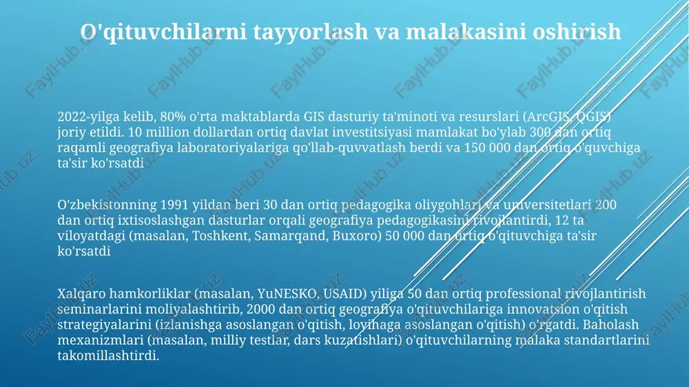 da. 12 viloyat bo'yicha o'qituvchilar tayyorgarligi asosan nazariy bilimlarga qaratilgan bo'lib, amaliy ko'nikmalar (masalan, suv sifatini tekshirish) yetarli emas 1991-yildan beri o'zbekiston maktab va universitetlarida 150 dan ortiq yangi ekologik ta'lim dasturlari paydo bo'ldi, ular barqaror rivojlanish maqsadlariga (brm), jumladan toza suv (brm 6), mas'uliyatli iste'mol (brm 12) va iqlim harakatlariga (brm 13) urg'u beradi o'zbekistonning 1991-yildan keyingi geografik ta'limi 12 viloyatda 5 milliondan ortiq o'quvchilarni qamrab olgan holda, dasturlariga ekologik barqarorlikni kiritdi o'quv dasturlarini ishlab chiqish va o'zgartirish o'zbekistonning 1991-yildan keyingi geografiya o'quv dasturi 12 ta yangi mintaqaviy tadqiqotlarni o'z ichiga olgan holda qayta ko'rib chiqildi, 3 ta eskirgan darslik zamonaviy gis texnologiyalari bilan yangilandi va 14 ta ma'muriy hududda barqaror rivojlanishga e'tibor qaratildi. o'quv dasturida qizilqum cho'li va amudaryo havzasi kabi joylarda qo'llaniladigan 4 ta yangi ishlab chiqilgan ekskursiya metodikasi yordamida amaliy ko'nikmalarga urg'u berildi hududiy geografik yo'nalish o'quv dasturlari islohotlari amaliy maydon ishlarini, o'zbekistonning xilma-xil geografik sharoitlaridan …