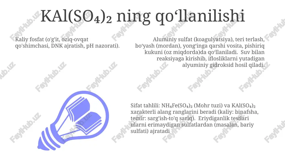 lar hosil bo'lishi kiradi. 20°c da suvda eruvchanligi 10g/100ml. kal(so₄)₂ reaksiyalari mohr tuzi (nh₄fe(so₄)₂) qizdirilganda ammiak (nh₃) va oltingugurt angidridi (so₃) ajralib chiqadi, temir(iii) oksidi (fe₂o₃) qoladi; suvli eritmasi fe²⁺ ning och yashil rangini ko'rsatadi; sulfat (so₄²⁻) bariy xlorid sinovi orqali baso₄ cho'kmasi hosil bo'lishi bilan tasdiqlanadi. alum (kal(so₄)₂·12h₂o) naoh(suvli eritma) bilan reaksiyaga kirishib, al(oh)₃ cho'kmasini hosil qiladi; alangali sinov kaliyning binafsha rangini ko'rsatadi; sulfat ion (so₄²⁻) bacl₂(suvli eritma) qo'shilganda oq baso₄ cho'kmasi hosil bo'lishi bilan tasdiqlandi. qattiq qizdirilganda k₂hpo₄ (dihidrogen fosfat kaliy) suv chiqarib metafosfat kaliy (kpo₃) hosil qiladi; suvli eritmasi zaif ishqoriy (ph >7); ammoniy molibdat testi bilan nitrat kislotada sariq cho'kma hosil qilib fosfat ion (po₄³⁻) tasdiqlandi. (nh₄)fe(so₄)₂ ning qo'llanilishi ammonium temir(ii) sulfat geksagidrat, (nh₄)₂fe(so₄)₂ tibbiyotda (masalan, temir tanqisligini davolashda) va bo'yashda ishlatiladi kaliy alyuminiy sulfati dodekagidrati (shoh tuzi) suv tozalash, terini qayta ishlash va boʻyashda ishlatiladi kaliy gidrogen fosfat (k₂hpo₄) – kaliy tuzi, o'g'it (fosfor manbai), …