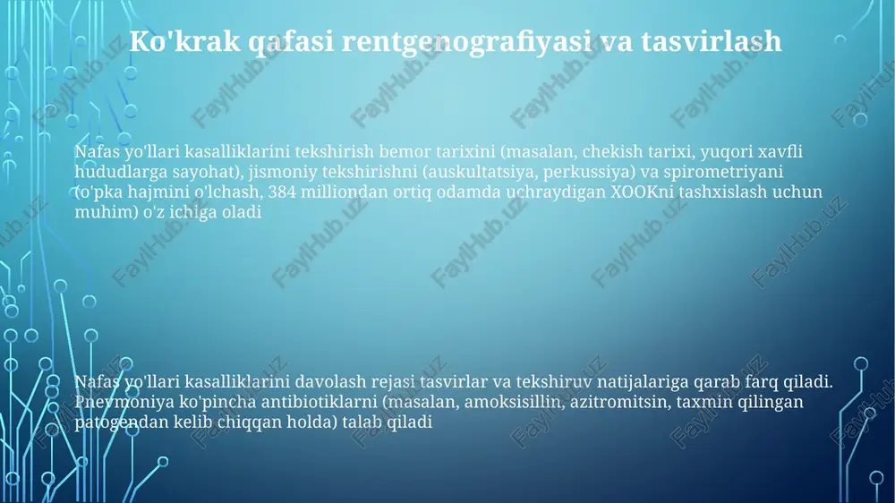 di. jahon aholisining 10% ta'sir qiluvchi kasalliklarni tashxislashda qo'llaniladi dunyo bo'ylab turli kasalxonalar va klinikalarda nafas yo'llari kasalliklarini tekshirish bemor tarixi (chekish, allergiya), jismoniy tekshiruv (auskultatsiya, perkussiya), o'pka tovushlarini (xishtash, xirillash) baholashni o'z ichiga oladi e'tiboringiz uchun rahmat @taqdimot_robot image1.png image2.png image3.png image4.png image5.png