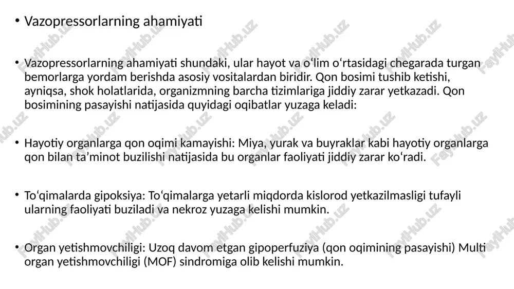 amin dozaga qarab turli xil ta’sir ko‘rsatadi: past dozalarda buyrak perfuziyasini yaxshilaydi. o‘rta dozalarda beta-1 retseptorlarini faollashtirib yurak chiqishini oshiradi. yuqori dozalarda alfa-1 retseptorlarini faollashtirib tomirlarni toraytiradi. vazopressorlarning tasnifi katexolaminlar bu guruh asosan simpatik nerv tizimi mediatorlariga asoslangan bo‘lib, alfa, beta, va dopamin retseptorlariga ta’sir ko‘rsatadi. adrenalin alfa-1, beta-1, va beta-2 retseptorlarini faollashtiradi. bu yurak qisqarish kuchini oshiradi (pozitiv inotrop ta’sir), bronxlarni kengaytiradi va tomirlarni toraytiradi (vazokonstriksiya). shoshilinch holatlarda, masalan, anafilaktik shok va yurak to‘xtashida qo‘llaniladi. noradrenalin alfa-1 retseptorlariga kuchliroq ta’sir ko‘rsatadi. bu tomirlarni toraytirib (vazokonstriksiya) arterial qon bosimini oshiradi. asosan septik shokda ishlatiladi. dopamin dozaga bog‘liq ravishda turli ta’sirlar ko‘rsatadi: past dozalarda dopamin-1 retseptorlarini faollashtirib buyrak perfuziyasini yaxshilaydi. o‘rta dozalarda beta-1 retseptorlarini faollashtirib yurak chiqishini oshiradi. yuqori dozalarda alfa-1 retseptorlarini faollashtirib tomirlarni toraytiradi. non-katexolaminlar fenilefrin alfa-1 retseptorlarini faollashtirib tomirlarni toraytiradi (vazokonstriksiya). bu qon bosimini oshiradi va miokard kislorod talabi yuqori bo‘lgan holatlarda qo‘llaniladi. bronxodilatsiya qilmaydi. vasopressin v1 retseptorlariga ta’sir …