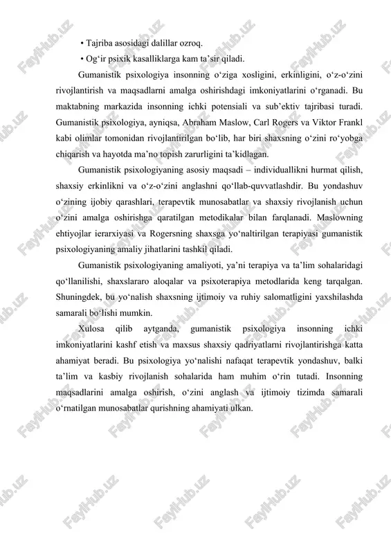 odlarida keng tarqalgan. shuningdek, bu yo‘nalish shaxsning ijtimoiy va ruhiy salomatligini yaxshilashda samarali bo‘lishi mumkin. xulosa qilib aytganda, gumanistik psixologiya insonning ichki imkoniyatlarini kashf etish va maxsus shaxsiy qadriyatlarni rivojlantirishga katta ahamiyat beradi. bu psixologiya yo‘nalishi nafaqat terapevtik yondashuv, balki ta’lim va kasbiy rivojlanish sohalarida ham muhim o‘rin tutadi. insonning maqsadlarini amalga oshirish, o‘zini anglash va ijtimoiy tizimda samarali o‘rnatilgan munosabatlar qurishning ahamiyati ulkan. gumanistik psixologiyaga oid trening dasturi maqsad: talabalarda o’z-o’zini anglash, empatiya, samimiylik va shaxsiy rivojlanish kabi gumanistik ko’nimalarini shakllantirish. bosqich mavzu maqsad faoliyat shakli vaqt 1. kirish trening bilan tanishish, ishtirokchilarni faollashtish guruhda erkin va ochiq muhit yaratish, o’zaro tanishish tanishtiruv, ism+metafora mashqi 15 d 2. nazariy gumanistik psixologiyaga kirish maslow, rogers qarashlarini tushuntirish mini maruza. prezentatsiya 10d 3. o’zini anglash men qanday insonman o’z-o’zini anglash, shaxsiy qadriyatlarni aniqlash yozma topshiriq, guruh muhokamasi 20d 4. empatiya boshqalarning ko’zlari bilan empatik tinglash, boshqalarni tushunish jamoaviy bahs, kichik guruhlarda …