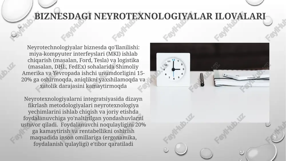 ish amaliyoti, algoritmik qaror qabul qilish jarayonlari va foydalanuvchilarga potentsial ta'sirini (masalan, kognitiv funksiya, emotsional holatlarga ta'siri) shaffof ochib berishi kerak prototip yaratish va sinovdan o'tkazish neyroxanologiya-sun'iy intellekt integratsiyasi uchun dizayn fikrlash metodologiyasi foydalanuvchiga yo'naltirilgan yondashuvlarni qo'llaydi, tezkor prototiplash (masalan, 3d chop etilgan miya-kompyuter interfeyslari) orqali minimal darajada yaroqli mahsulotlar (mvp) yaratadi va kaliforniya universiteti, san-fransisko kabi joylarda kamida 15 ishtirokchi bilan foydalanuvchi fikr-mulohaza sessiyalari o'tkaziladi bozor landshafti tahlili sun'iy intellekt (si) algoritmlari, xususan, ma'lumotlar tahlili (eeg, fmri) va shaxsiylashtirilgan tibbiyotda neyrotechnologiyalar taraqqiyotini ta'minlaydi. mashina o'rganish (mo) modellari diagnostika aniqligi va davolash samaradorligini yaxshilaydi neyrotechnologiya bozori 20xx yilga kelib xx milliard dollarga yetishi kutilmoqda. asosiy o'yinchilar: neuralink (aqsh), blackrock neurotech (aqsh) va braingate (aqsh). shimoliy amerika va yevropada sun'iy intellektga asoslangan neyroprotetika va miya-kompyuter interfeyslariga (mki) katta investitsiyalar kiritilmoqda bozorga chiqish strategiyasi sun'iy intellekt neyrotexnologiyalar bozori tahlili 2030-yilga kelib 50 milliard dollarlik sezilarli o'sish potentsialini ko'rsatmoqda. tor ixtisoslashgan bozor segmentlariga …