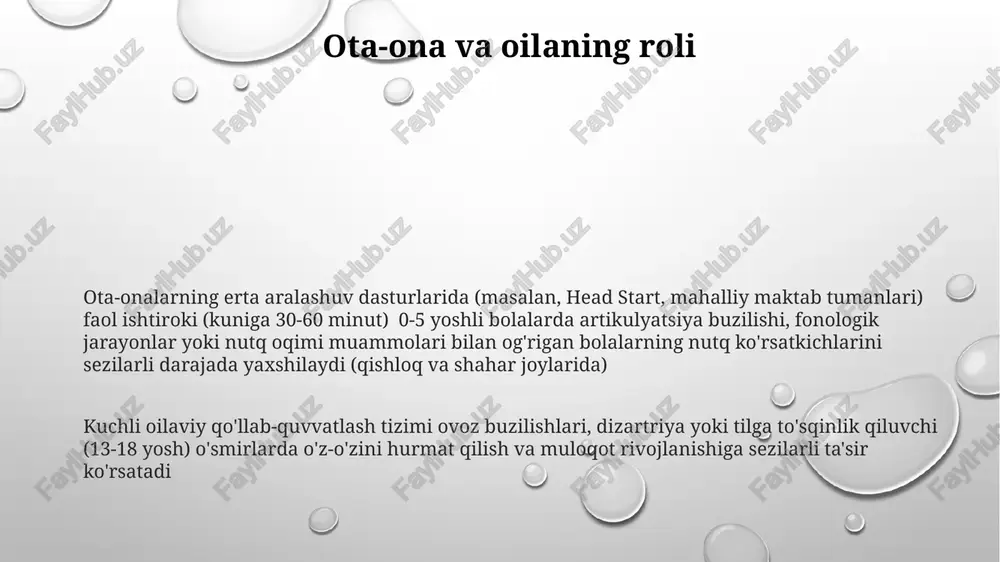 ntensivligi har xil (haftada 2-5 mashg'ulot). tashxis va baholash 3-6 yoshli bolalardagi idrok va ifodalovchi nutq ko'nikmalarini baholash uchun celf-p5 kabi standartlashtirilgan o'lchovlar, tabiiy muhitda (sinf xonasi, o'yin maydonchasi) kuzatishlar, ota-ona/o'qituvchilar savollanomalari (masalan, «communication development inventory») va 6 ta mamlakatdagi uy va maktabdagi kommunikativ xulq-atvorlarni o'rganish kiradi. qo'shilish va asosiy oqimga qo'shilish nutq terapiyasi bilan birga ijtimoiy-emotsional ehtiyojlarga e'tibor qaratish juda muhim nutq nuqsonli bolalarni (3-5, 6-11, 12-18 yosh) inklyuziv sinflarga (masalan, london maktablari, nyu-york shahri davlat maktablari) qo'shish logopedlarning (slp) 1:1 va guruh terapiyasi (masalan, artikulyatsiya, oqovoqlik, til) bilan individual ta'lim dasturlarini (iep) talab qiladi. erta aralashuv (0-3 yosh) juda muhim. nutq nuqsonlari ta'rifi og'irligi juda har xil; ba'zi bolalar yengil qiyinchiliklarni boshdan kechiradi, boshqalari esa o'qish, ijtimoiy munosabatlar va hissiy farovonlikka ta'sir qiluvchi jiddiy muammolarga duch keladi nutq nuqsonlari bo'lgan bolalar tovushlarni noto'g'ri talaffuz qilish (masalan, til siqish, "quyon" o'rniga "vabbit" kabi almashtirish) bilan kurashishi mumkin, bu turli …