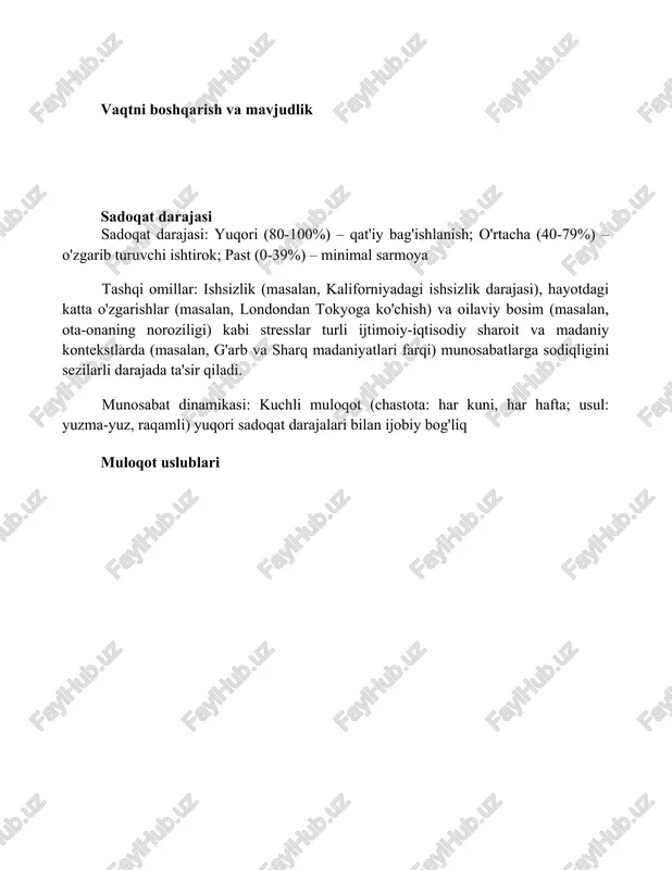 batlarga sodiqligini sezilarli darajada ta'sir qiladi. munosabat dinamikasi: kuchli muloqot (chastota: har kuni, har hafta; usul: yuzma-yuz, raqamli) yuqori sadoqat darajalari bilan ijobiy bog'liq muloqot uslublari xulosa xulosa qilib aytganda, munosabatlar muvaffaqiyati bir-biriga bog'liq bo'lgan bir nechta omillarga, jumladan, muloqot, ishonch, umumiy qadriyatlar va samarali konfliktlarni hal qilishga bog'liq. bu muhim omillarni e'tiborsiz qoldirish munosabatlardagi zo'riqish va yemirilish xavfini sezilarli darajada oshiradi. foydalanilgan adabiyotlar sevgi komponentlariga ta'sir qiluvchi omillarni o'rganuvchi tadqiqotlar.