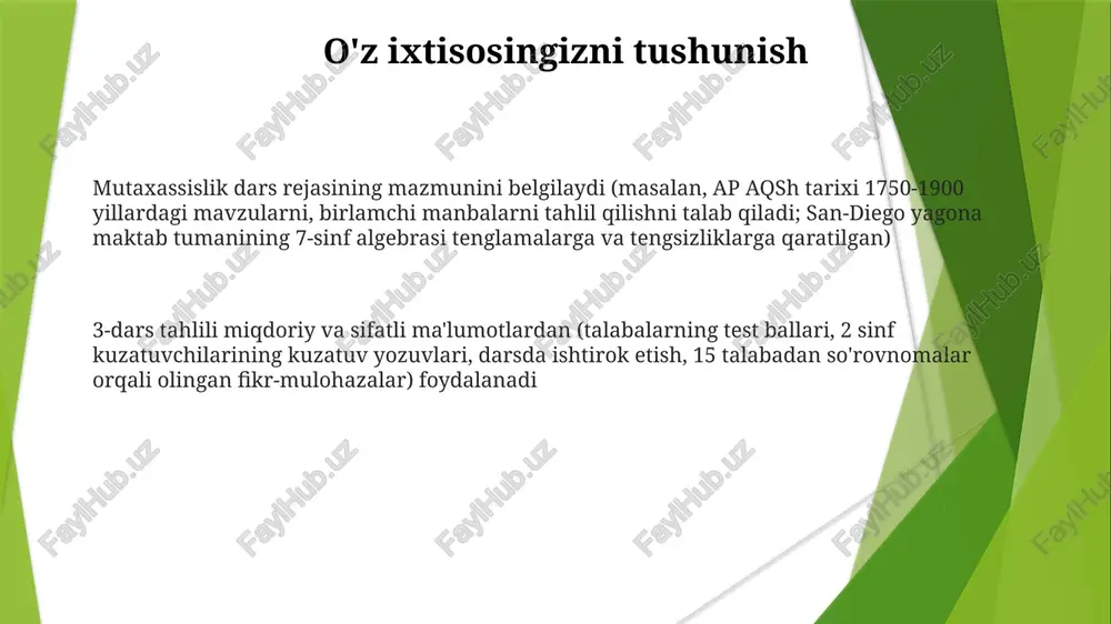 angan me'yorlarga muvofiqligini baholashni o'z ichiga oladi 50 daqiqali ap aqsh tarixi darsi rejalari: mashgʻulotlar, resurslar (asosiy manbalar, texnologiya integratsiyasi, mcgraw-hill darsliklari), vaqt ajratish, turli oʻquvchilar uchun differensiatsiya strategiyasi (iep, 504 rejalari) va sinfni boshqarish texnikalari (ijobiy ragʻbatlantirish tizimlari)ni oʻz ichiga oladi kerakli resurslarni tanlash talaba yutuqlari ma'lumotlarini tahlil qilish janubiy tomon o'rta maktabining 7-sinf tarix darslarini takomillashtirish uchun o'quvchilarning fikr-mulohazalari (so'rovnomalar, fokus-guruhlar) asosida darsdan keyingi tahlil o'tkazilib, turli ijtimoiy-demografik guruhlar (jins, ijtimoiy-iqtisodiy holat) bo'yicha o'rganish natijalari kuzatildi. 2023-yilgi standart test natijalari, sinf baholari va chiqish testlari kabi o'quvchilarning natijalarini tahlil qilish northwood o'rta maktabining 10-sinf o'quvchilariga dars rejalashtirishga ta'sir qiluvchi algebra, o'qishni tushunish kabi o'quv sohalaridagi kuchli va kuchsiz tomonlarni aniqlaydi. fizika va kimyo fanlaridan 3 darslik davomida, umumiy davlat standartlariga (ccss) moslashtirilgan va turli o'quvchilar (masalan, iep, 504 rejalari) uchun differensiatsiyalangan dars rejalari. turli o'qitish strategiyalari (masalan, izlanishga asoslangan o'qitish, loyihaga asoslangan o'qitish) qo'llaniladi. darsdan keyingi mulohaza algebra …
